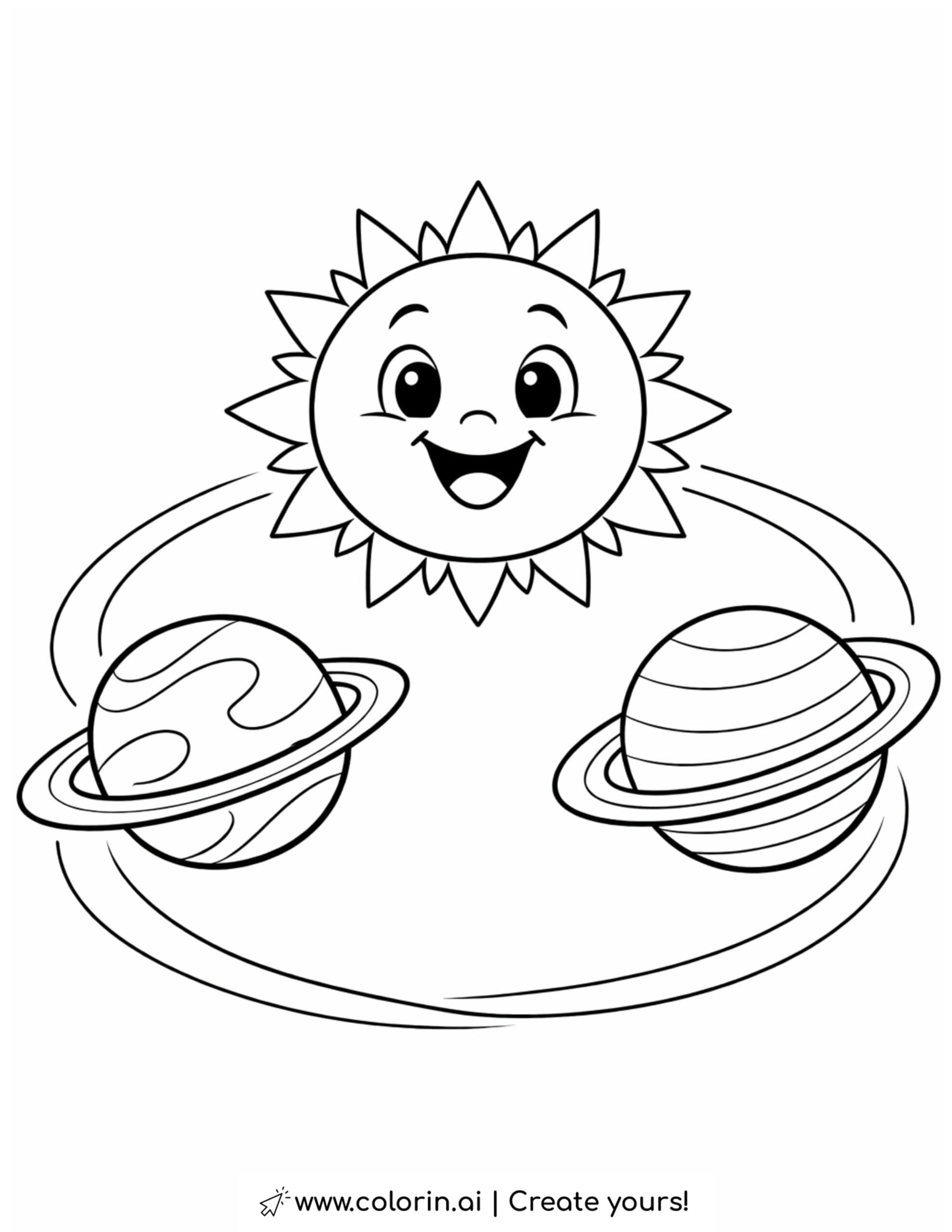 smiling sun with orbiting planets coloring page