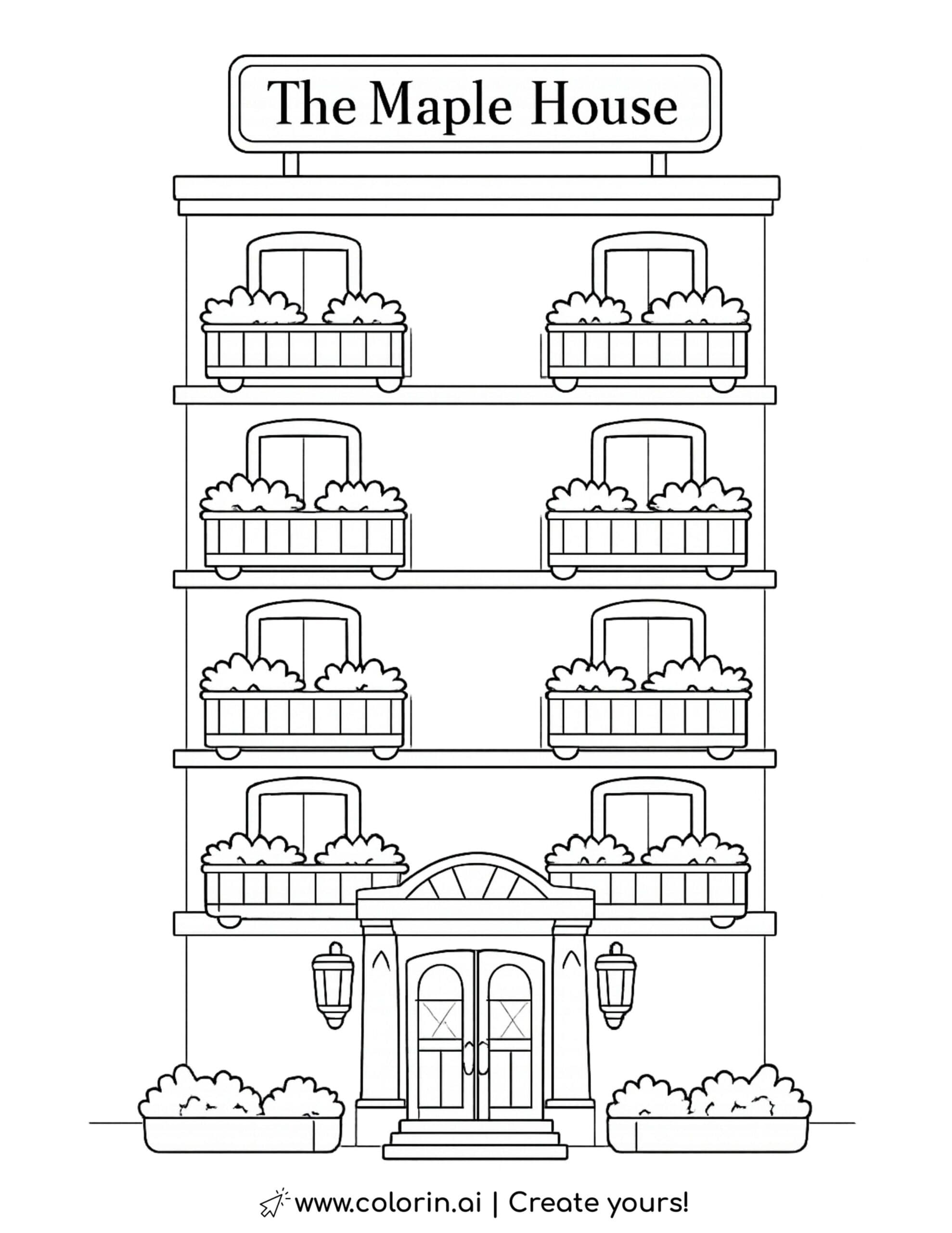 the maple house hotel building coloring page featuring a four story facade with balconies and plants coloring page