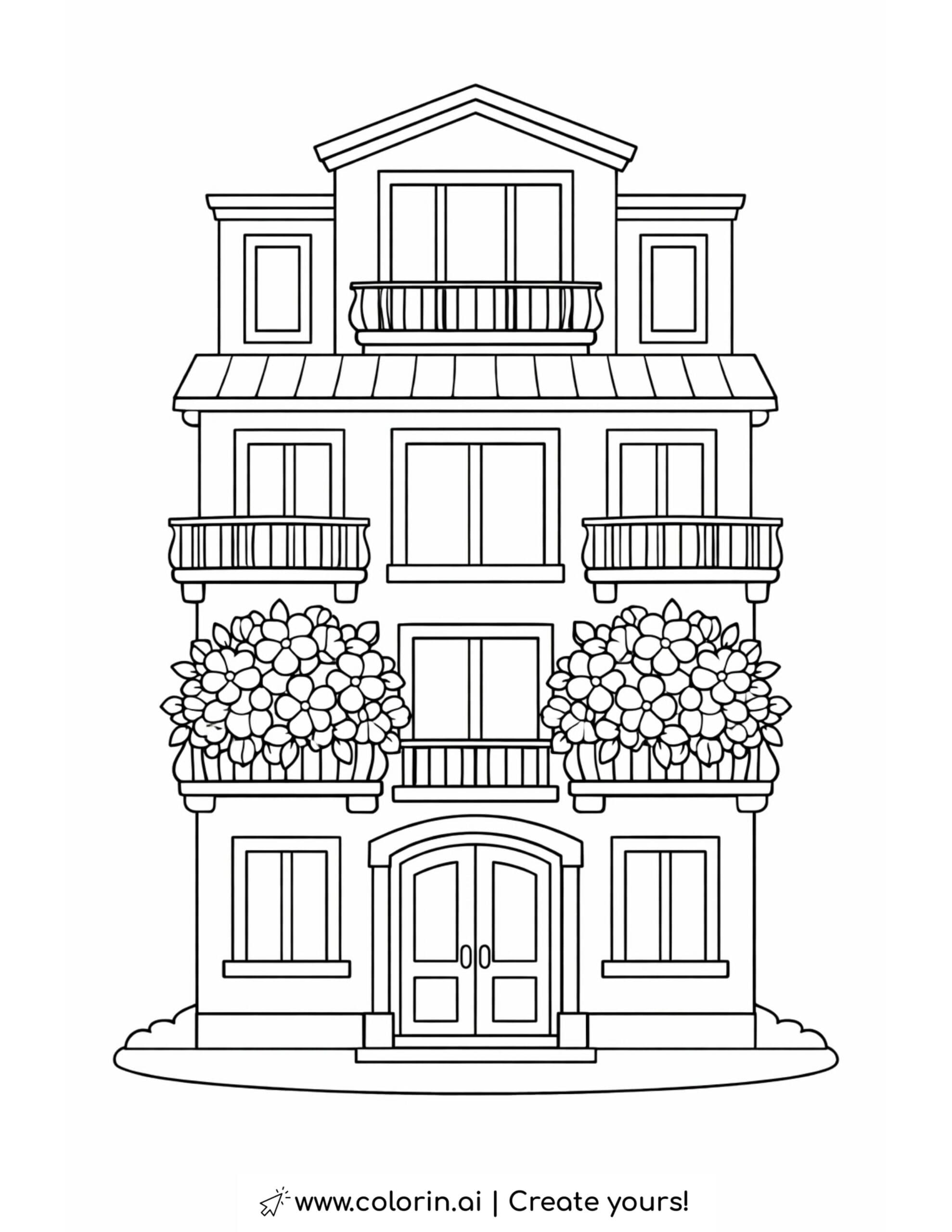 three story house with flower balconies coloring page featuring decorative railings and tall windows coloring page