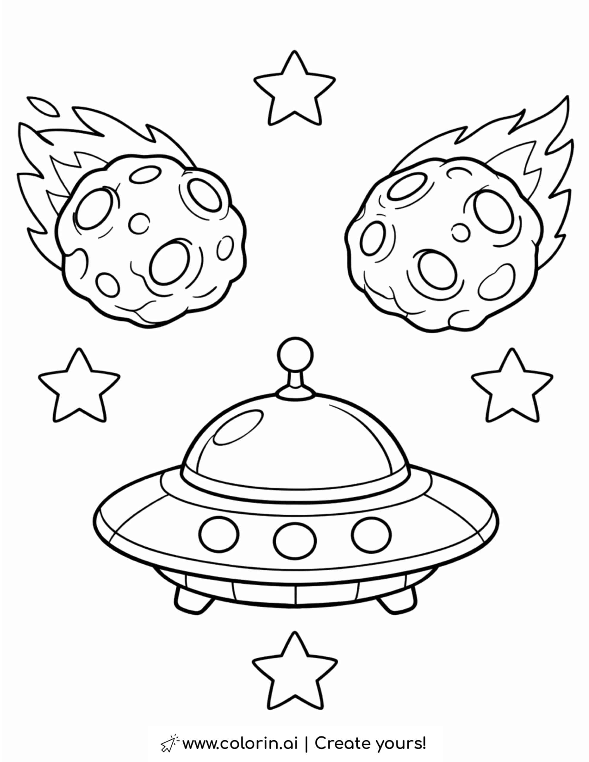 ufo with meteors and stars coloring page