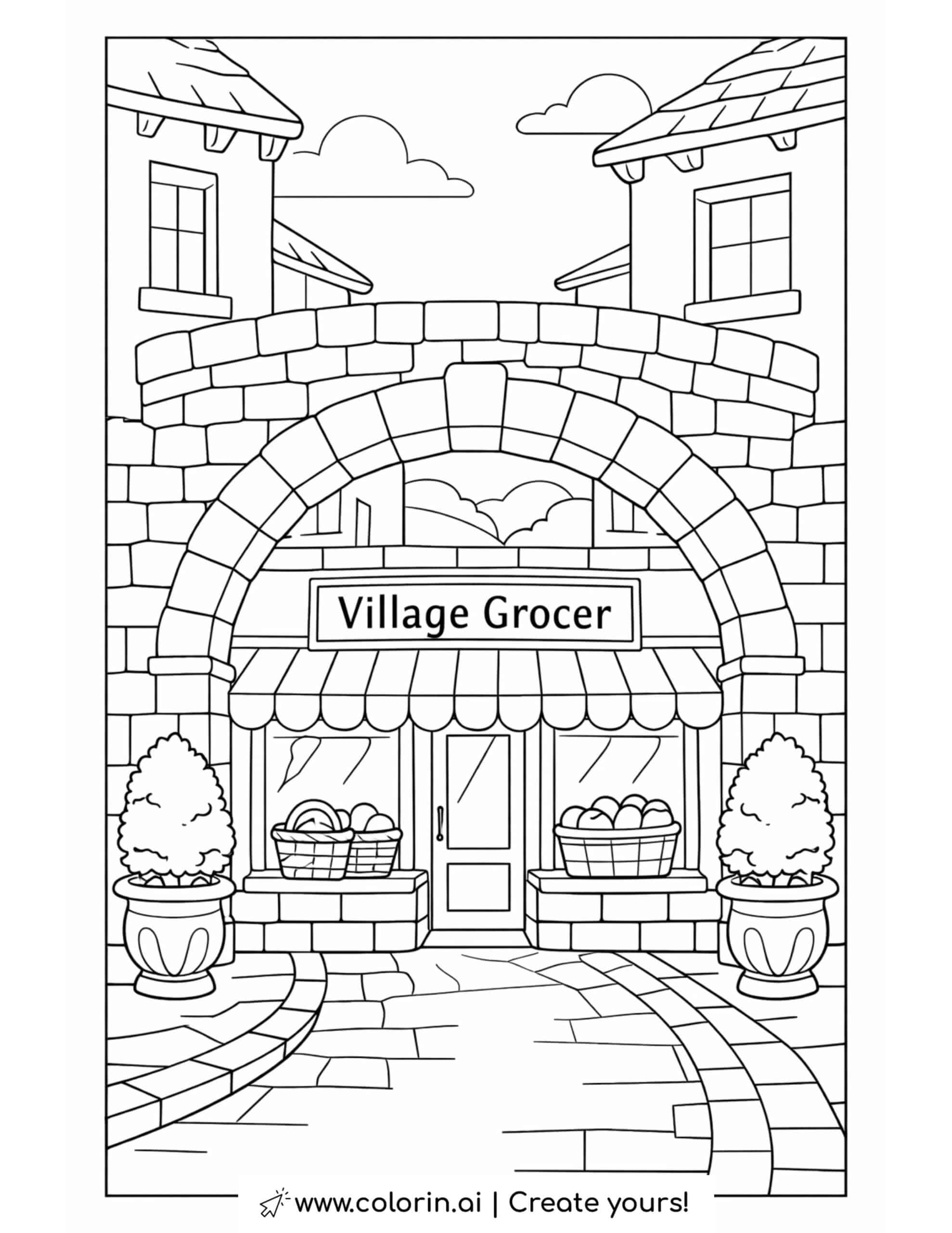 village grocer under stone arch coloring page with brick arch, shop sign, baskets, and potted plants coloring page