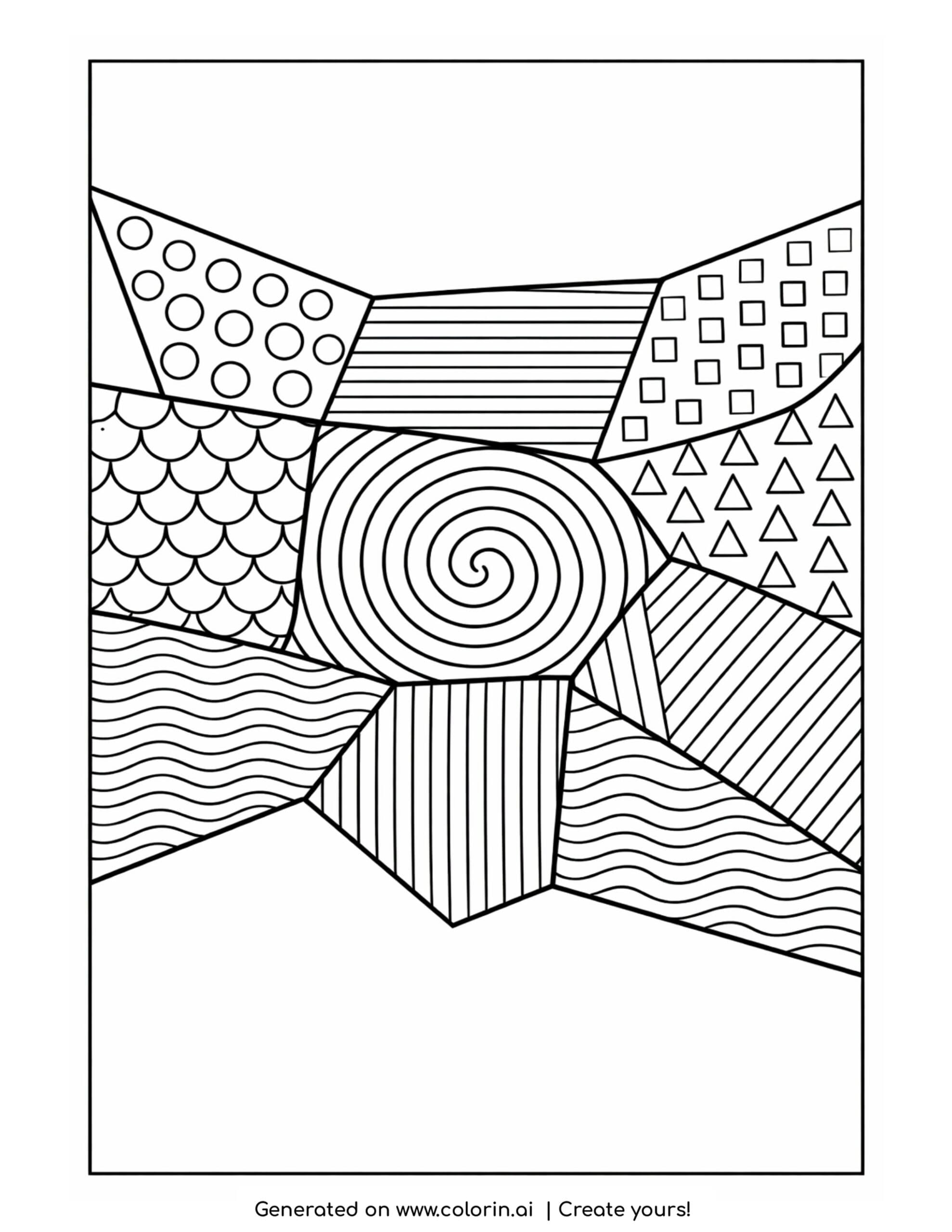abstract zentangle spiral pattern segments coloring page with geometric shapes and lines