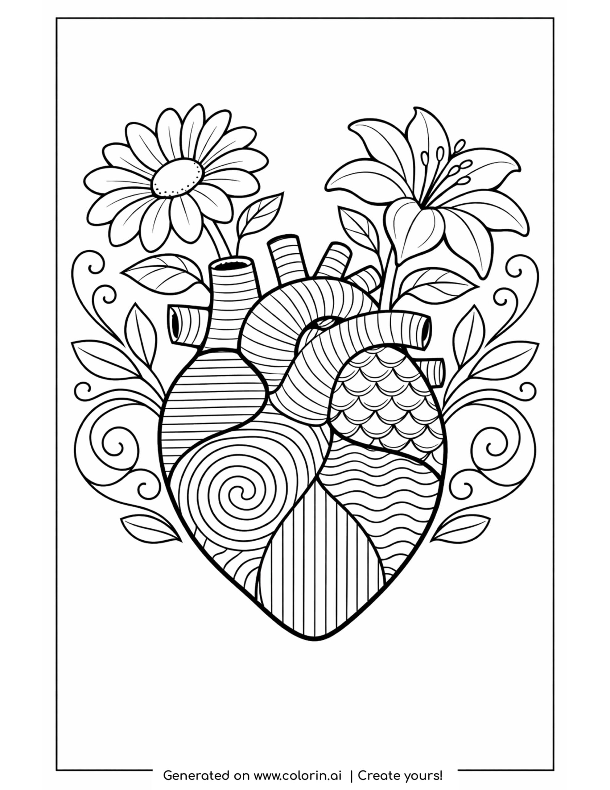 anatomical heart with flowers growing coloring page with leaves and patterned details