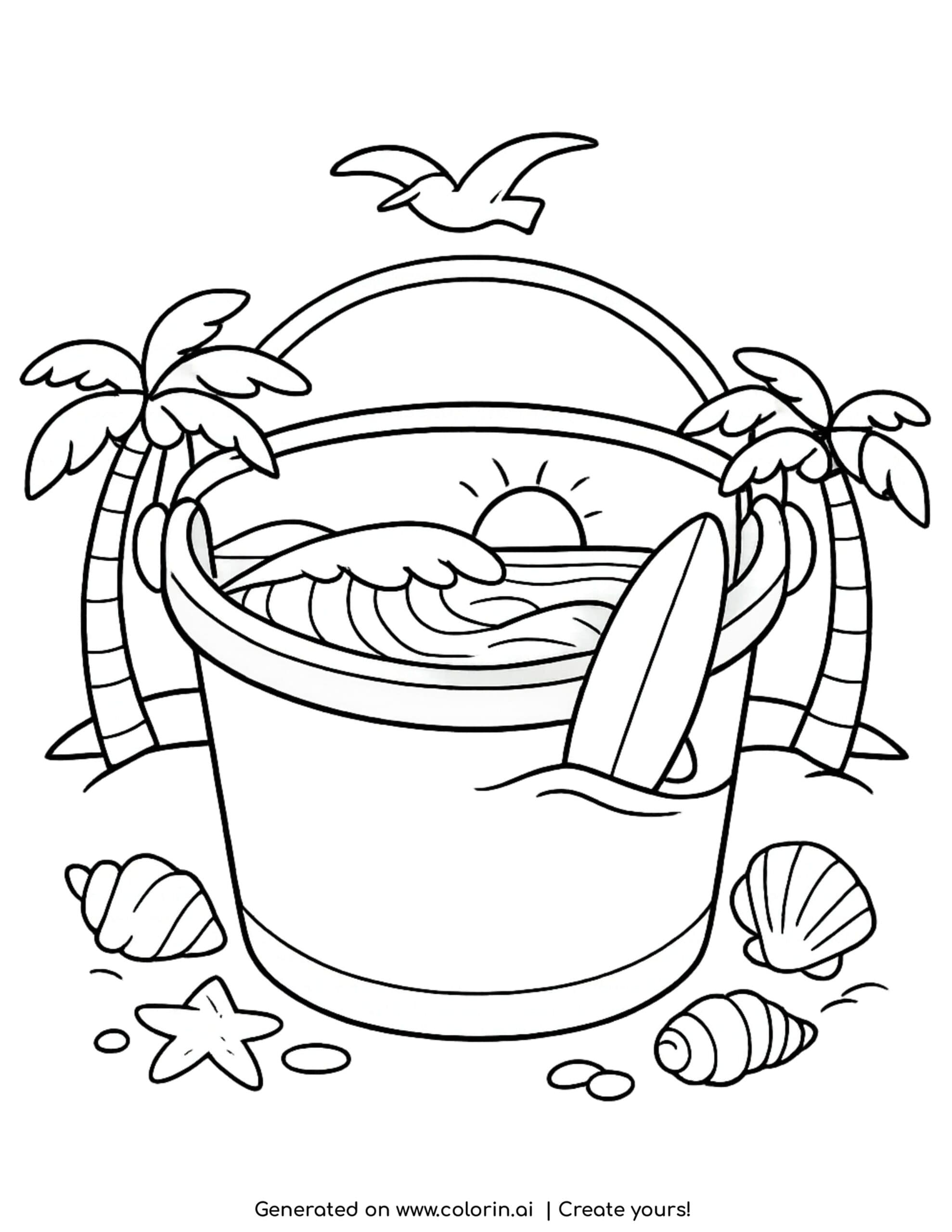 beach bucket with ocean scene coloring page with surfboard and palm trees