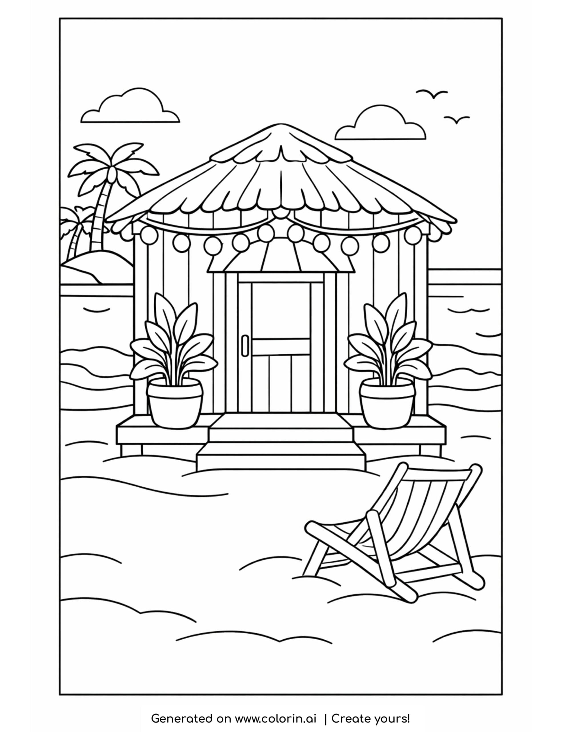 beach hut with chair by sea coloring page with wooden cabin and lounge chair