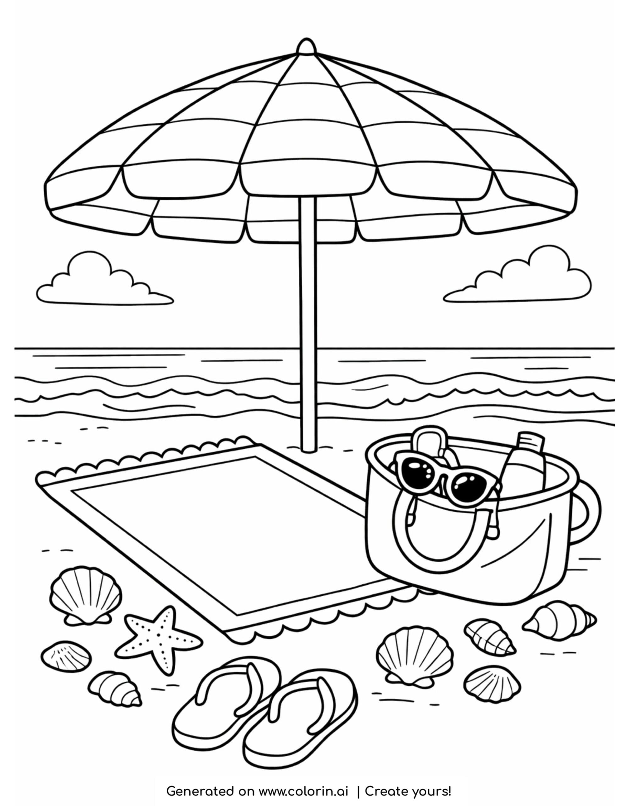 beach umbrella with towel bag coloring page with seaside scene and accessories