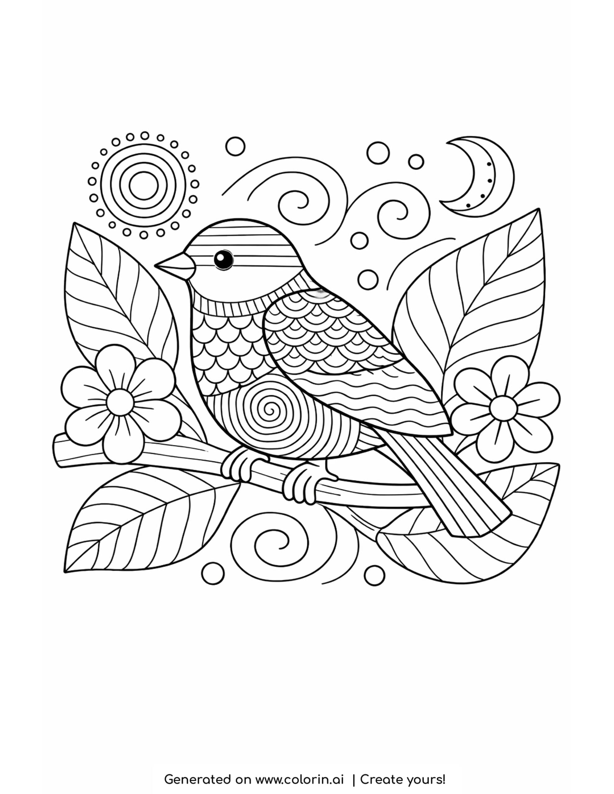 bird sitting on branch with leaves patterned cute illustration coloring page