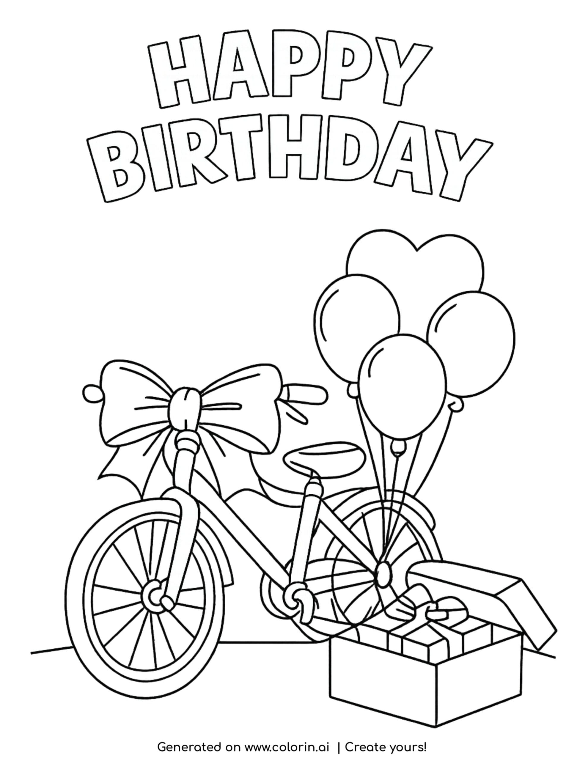 birthday bicycle with balloons and gift coloring page with bow and open present