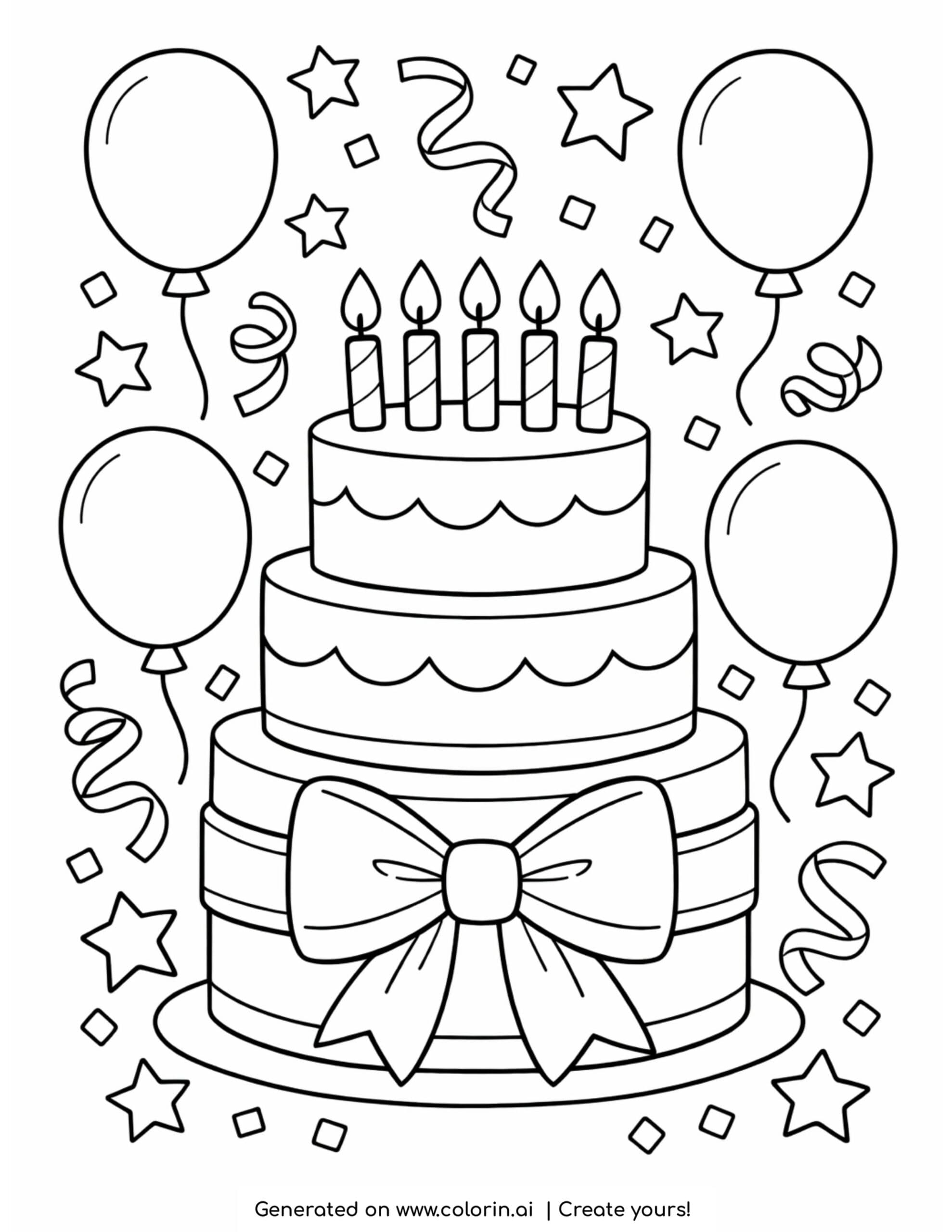 birthday cake with candles balloons coloring page with layered cake and festive decorations