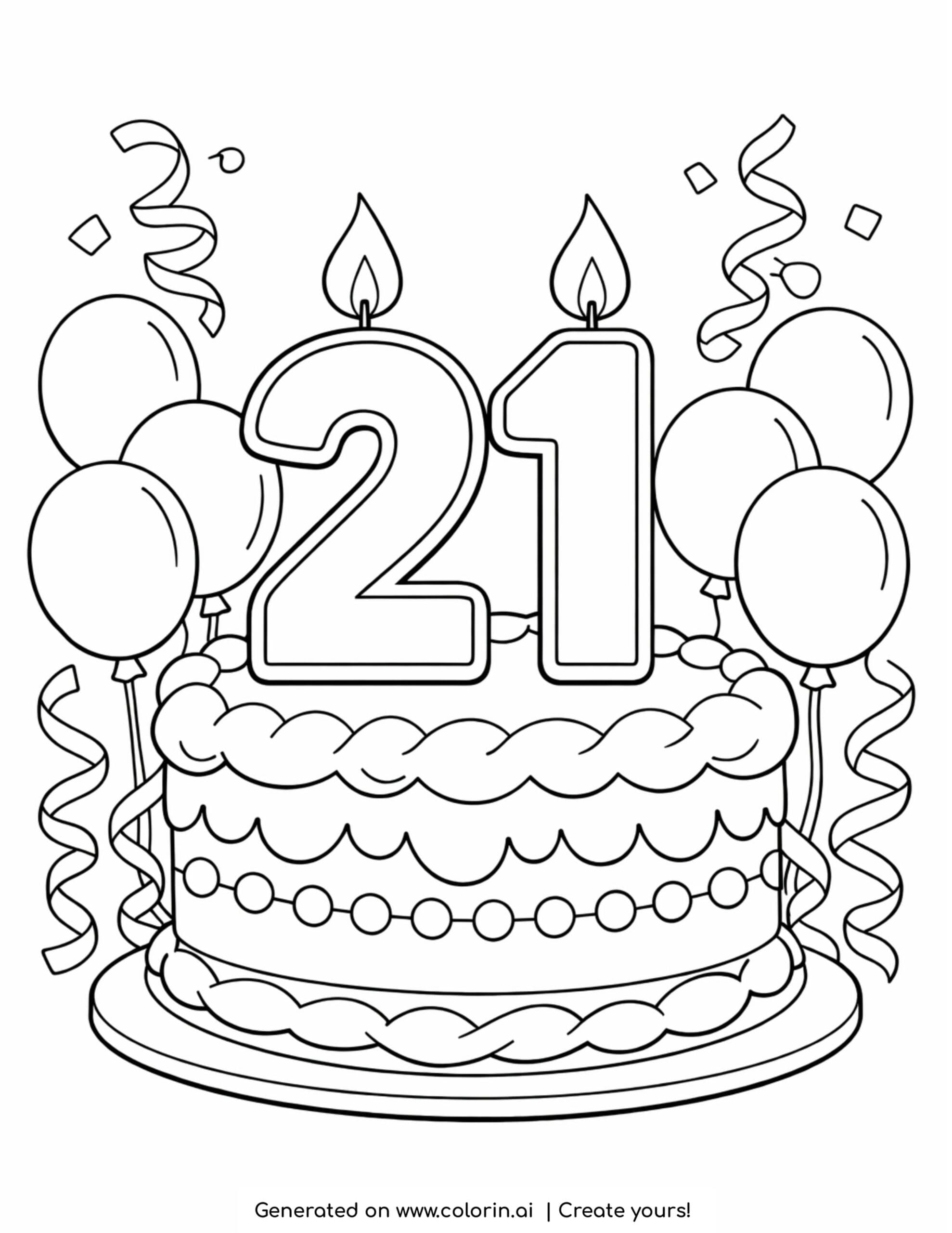 birthday cake with number 21 candles coloring page with balloons and streamers