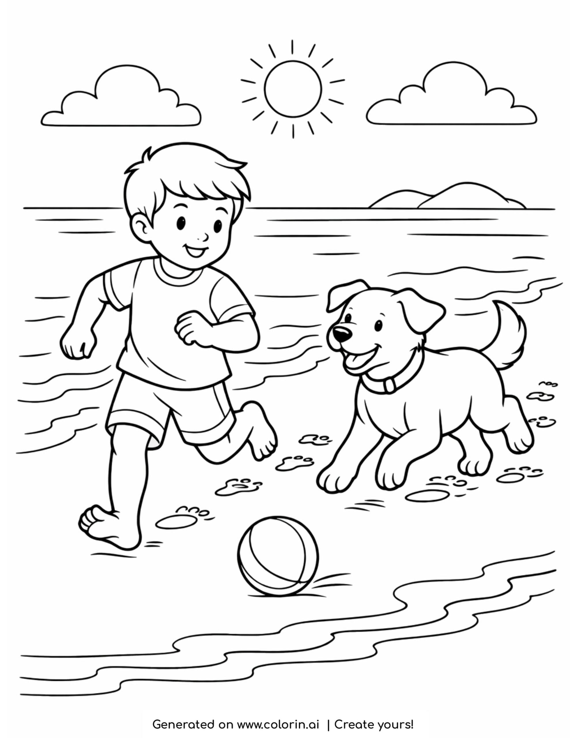 boy running with dog beach coloring page happy child and puppy by the sea coloring page