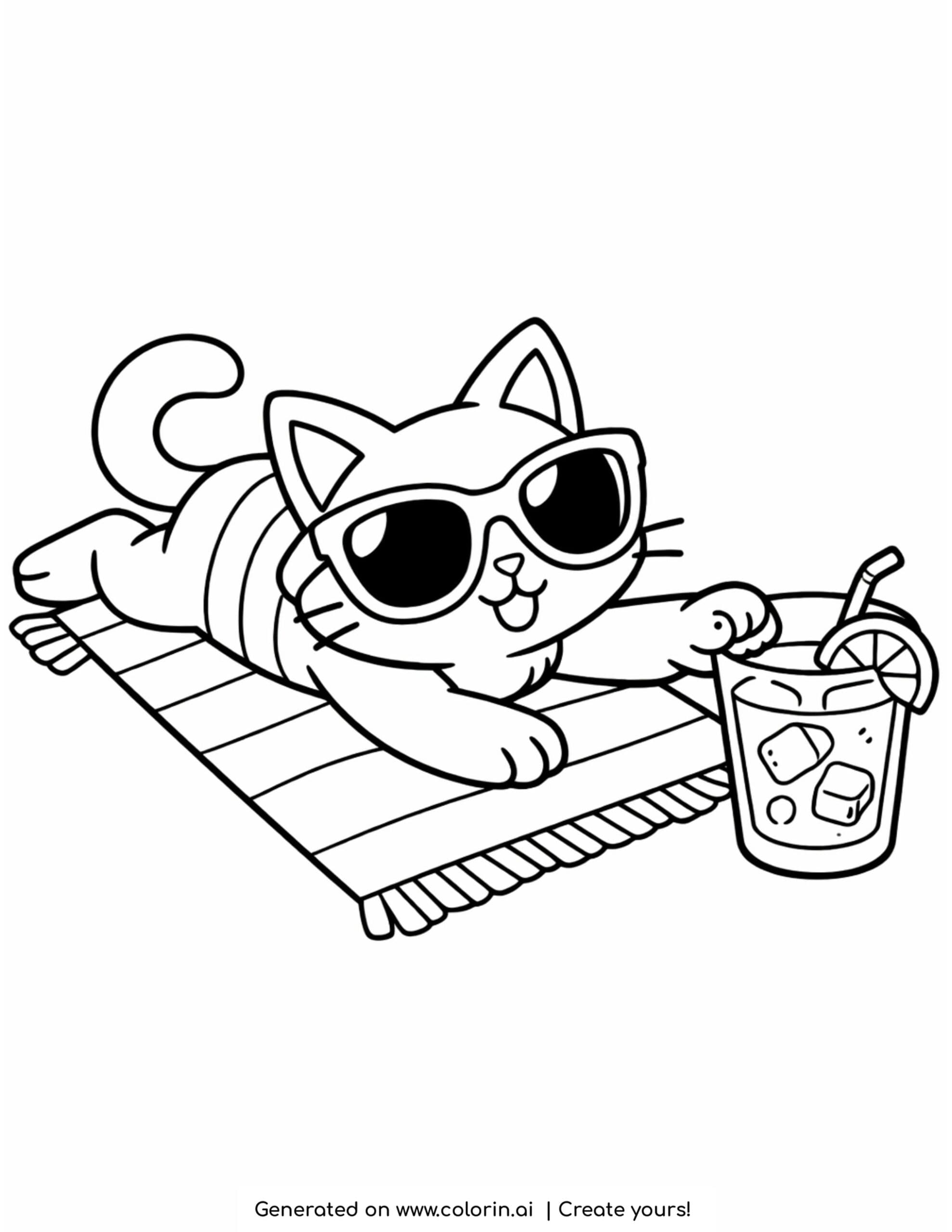 cat relaxing on towel with drink coloring page with sunglasses and cold beverage