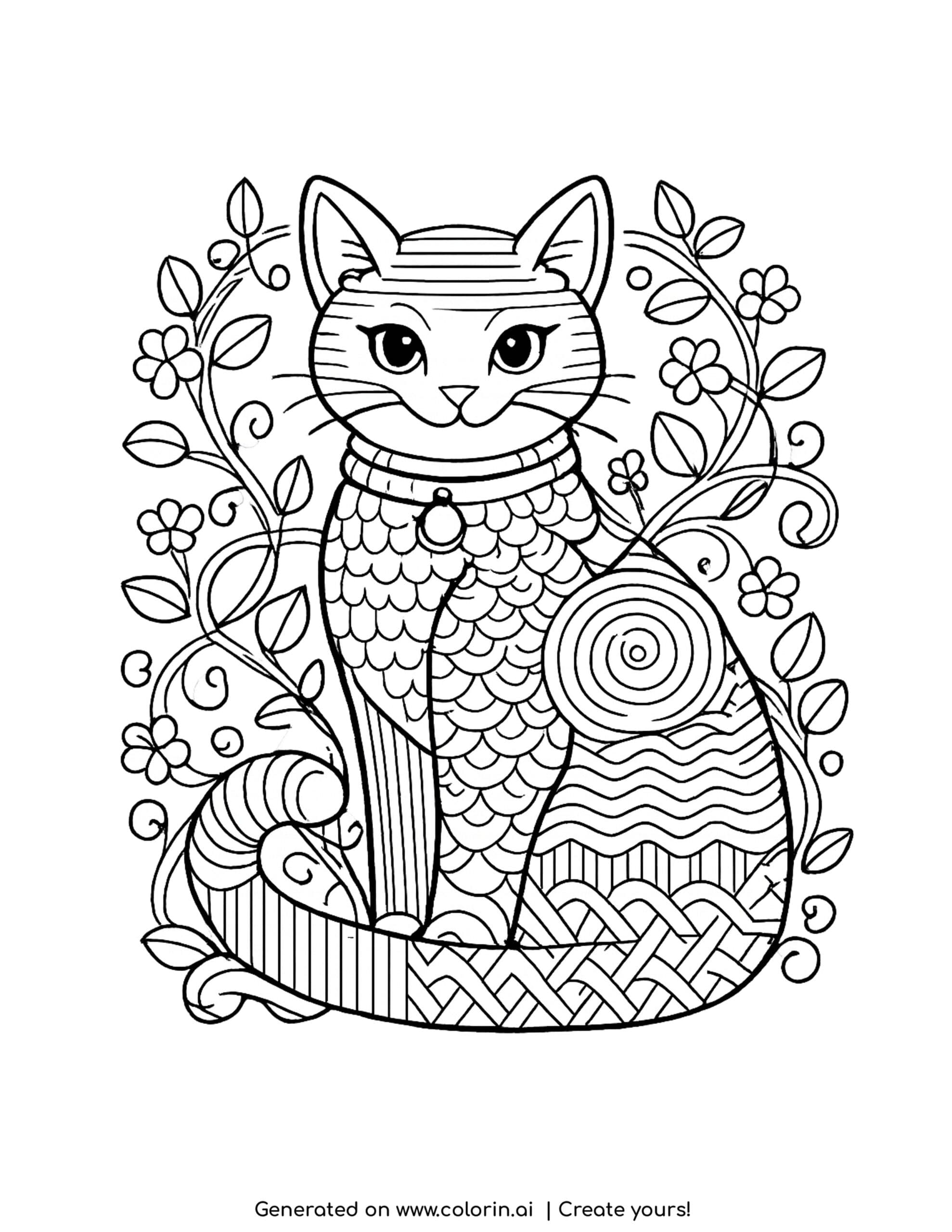 cat sitting with curled tail coloring page with floral zentangle patterns