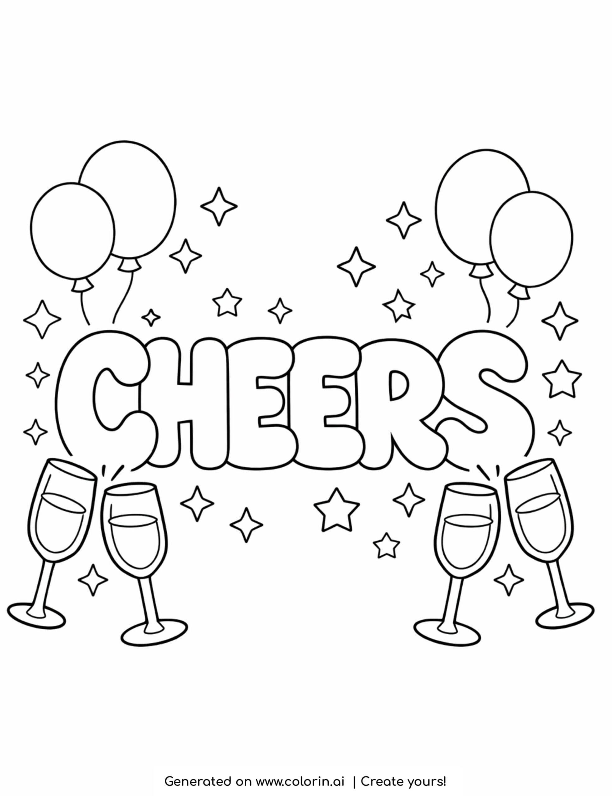 cheers word with glasses balloons coloring page with festive stars and champagne glasses