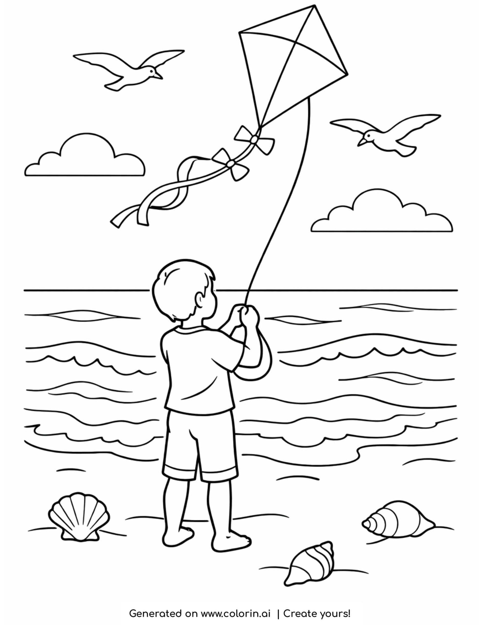 child flying kite by ocean coloring page with birds waves and seashells