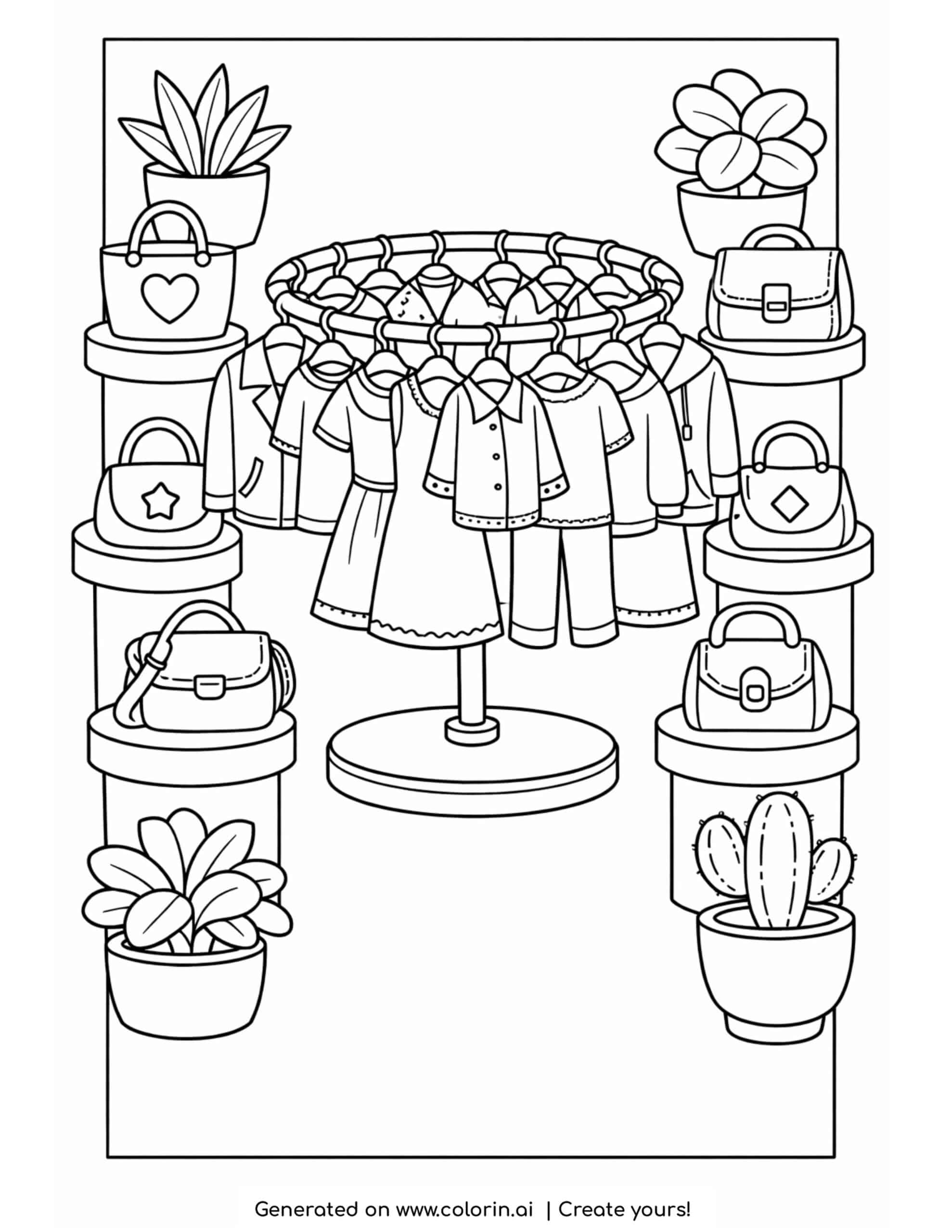 circular clothing rack with bags and plants coloring page with outfits and accessories