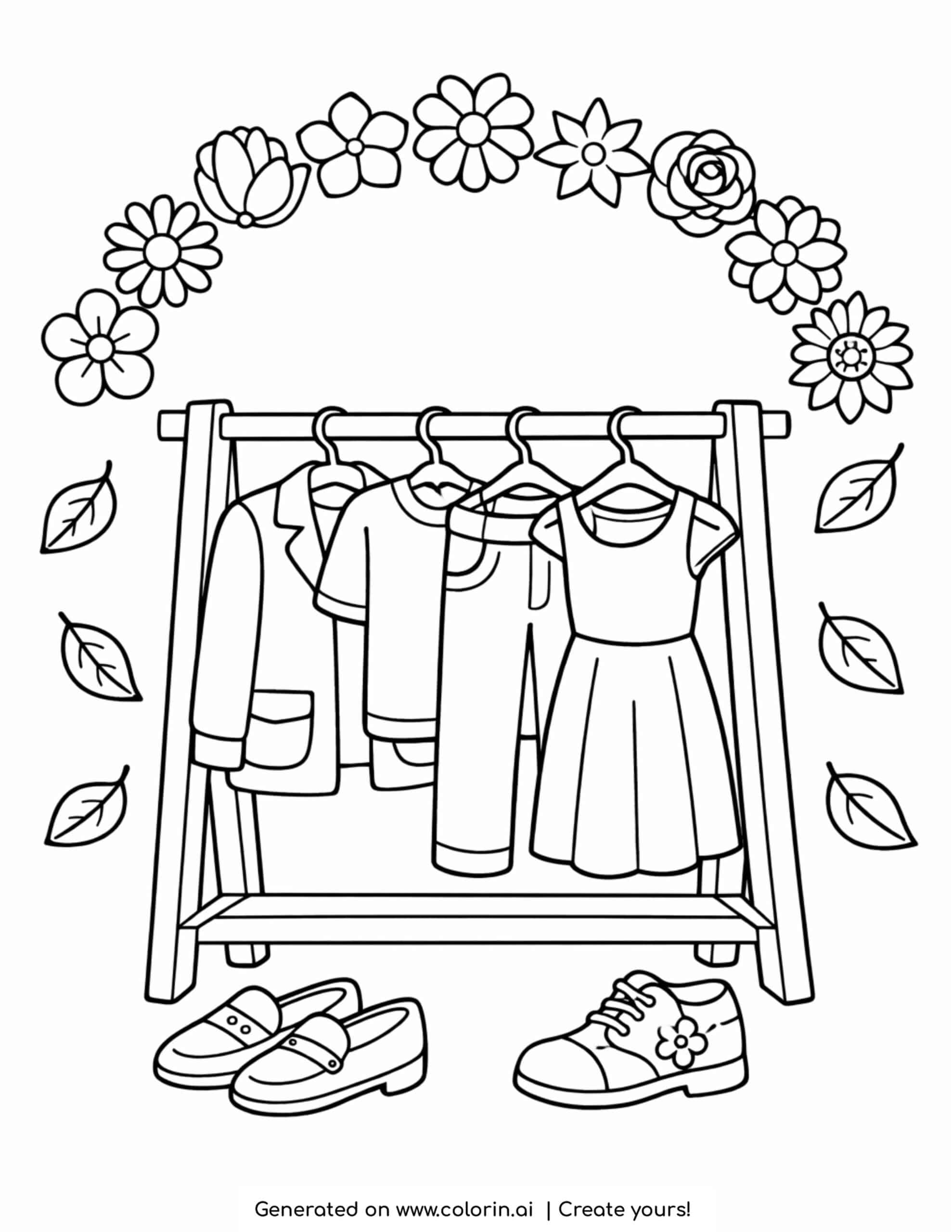 clothing rack with outfits floral arch and shoes coloring page