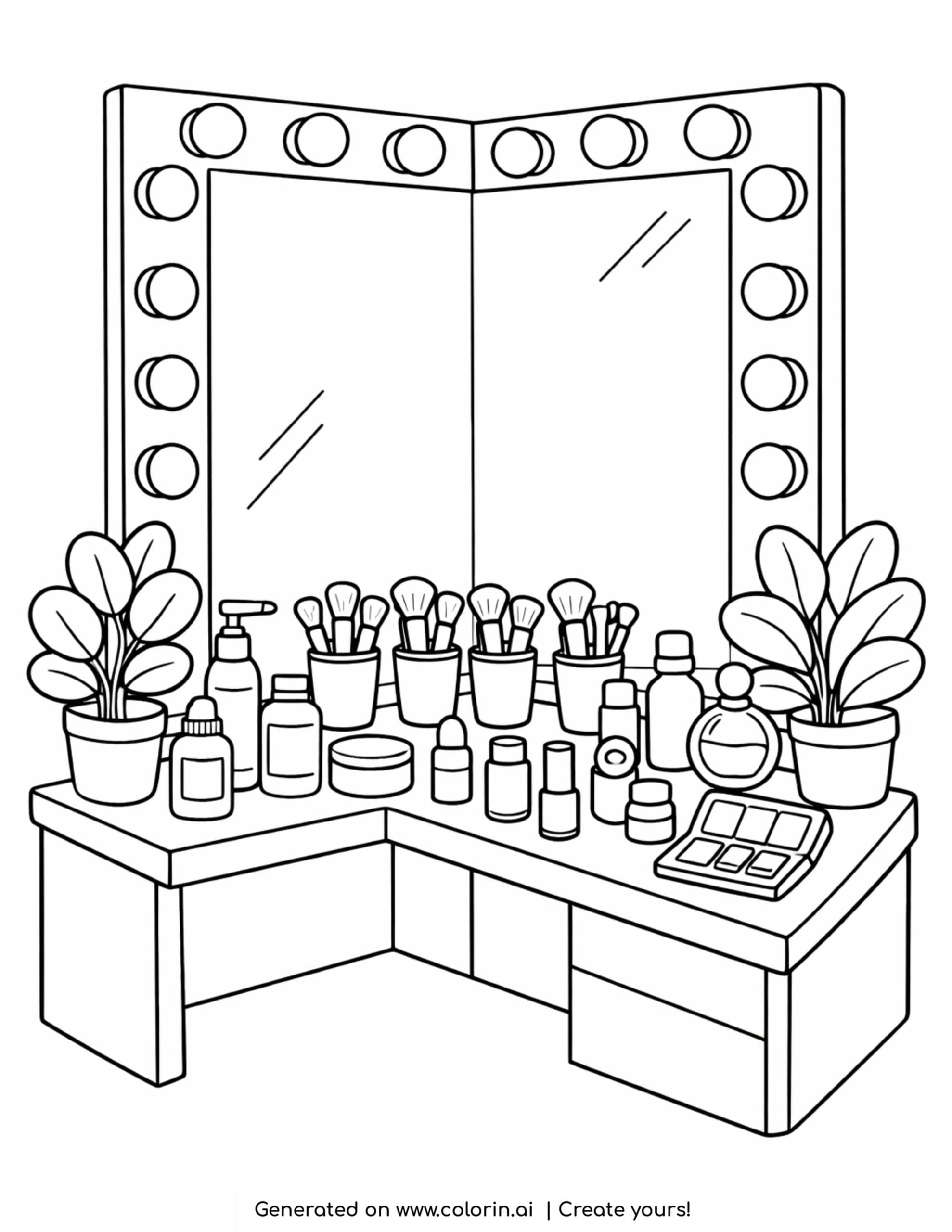 corner makeup vanity with lights coloring page with mirror bulbs cosmetics and plants