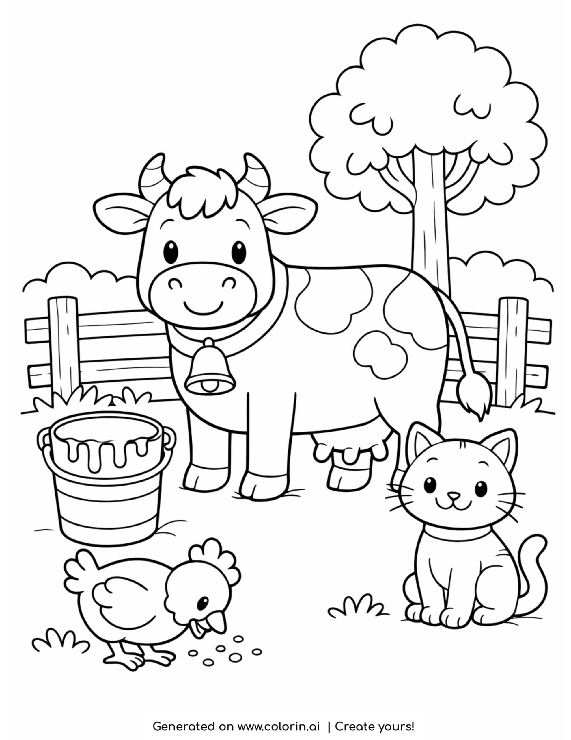 cow with milk bucket and cat coloring page with chicken and farm fence