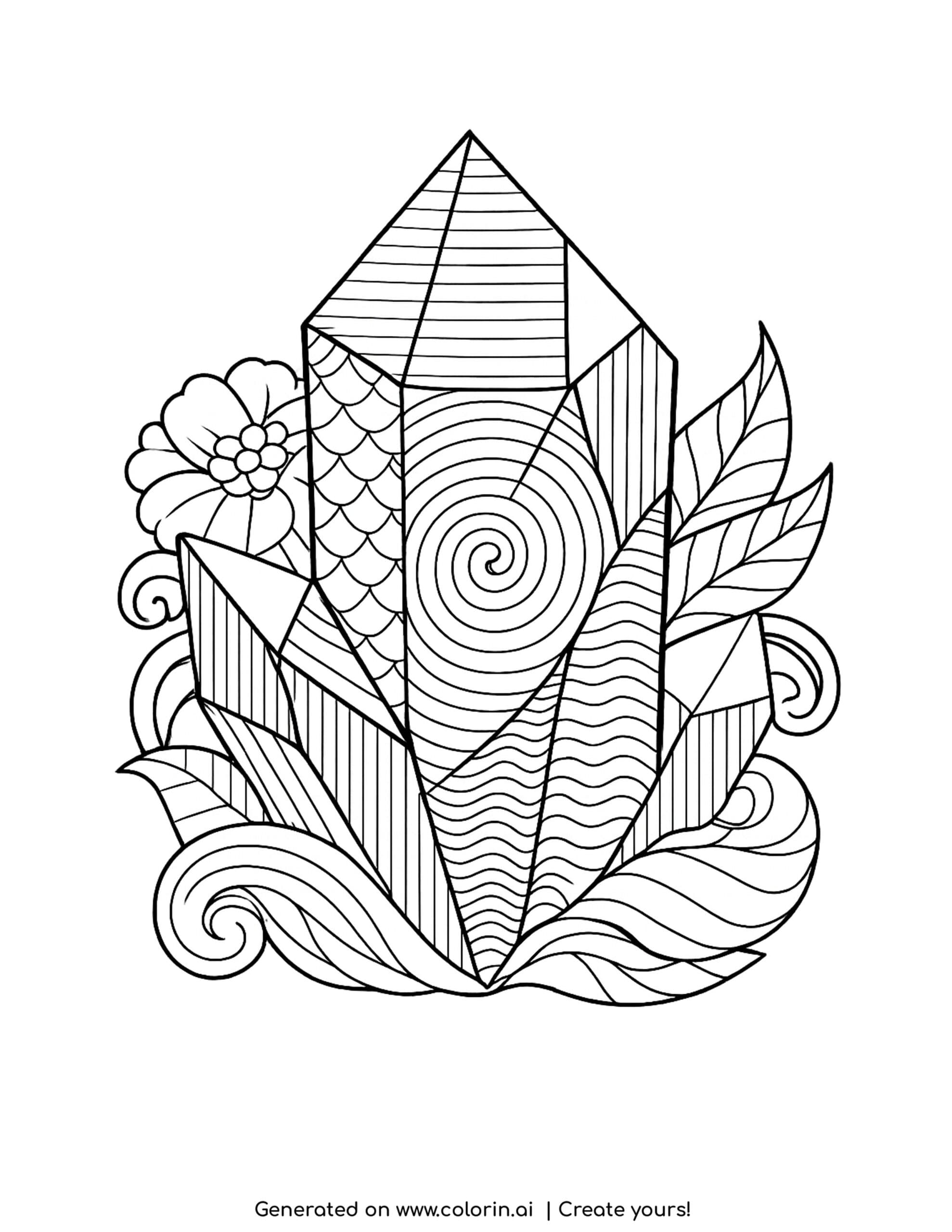 crystal with swirling energy lines and leaves detailed coloring page