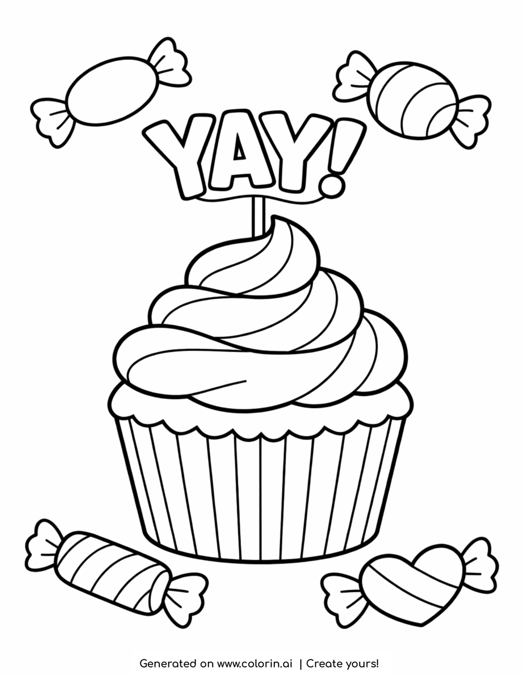 cupcake with yay topper and candies coloring page with swirled frosting and sweets