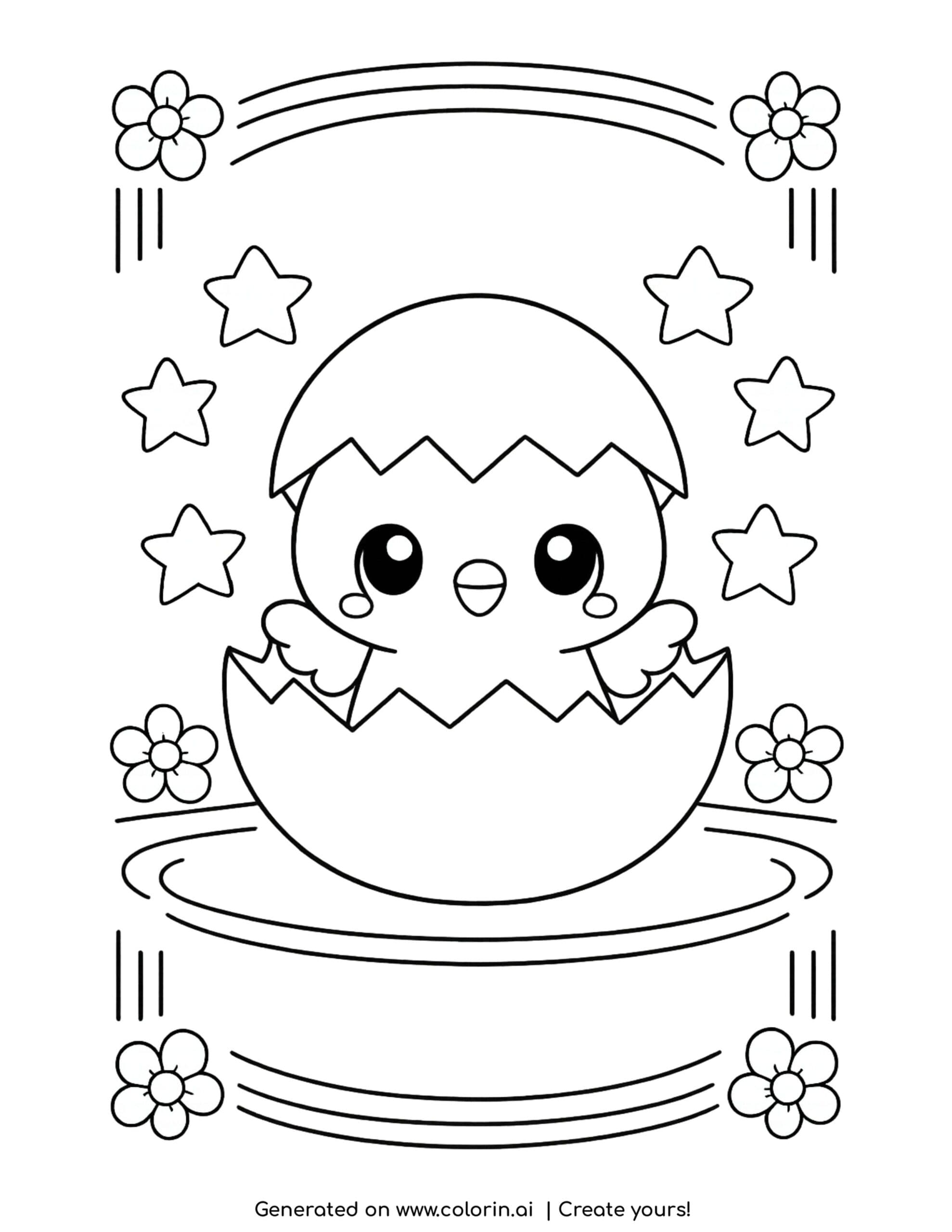 cute chick hatching from egg coloring page with stars flowers and decorative lines