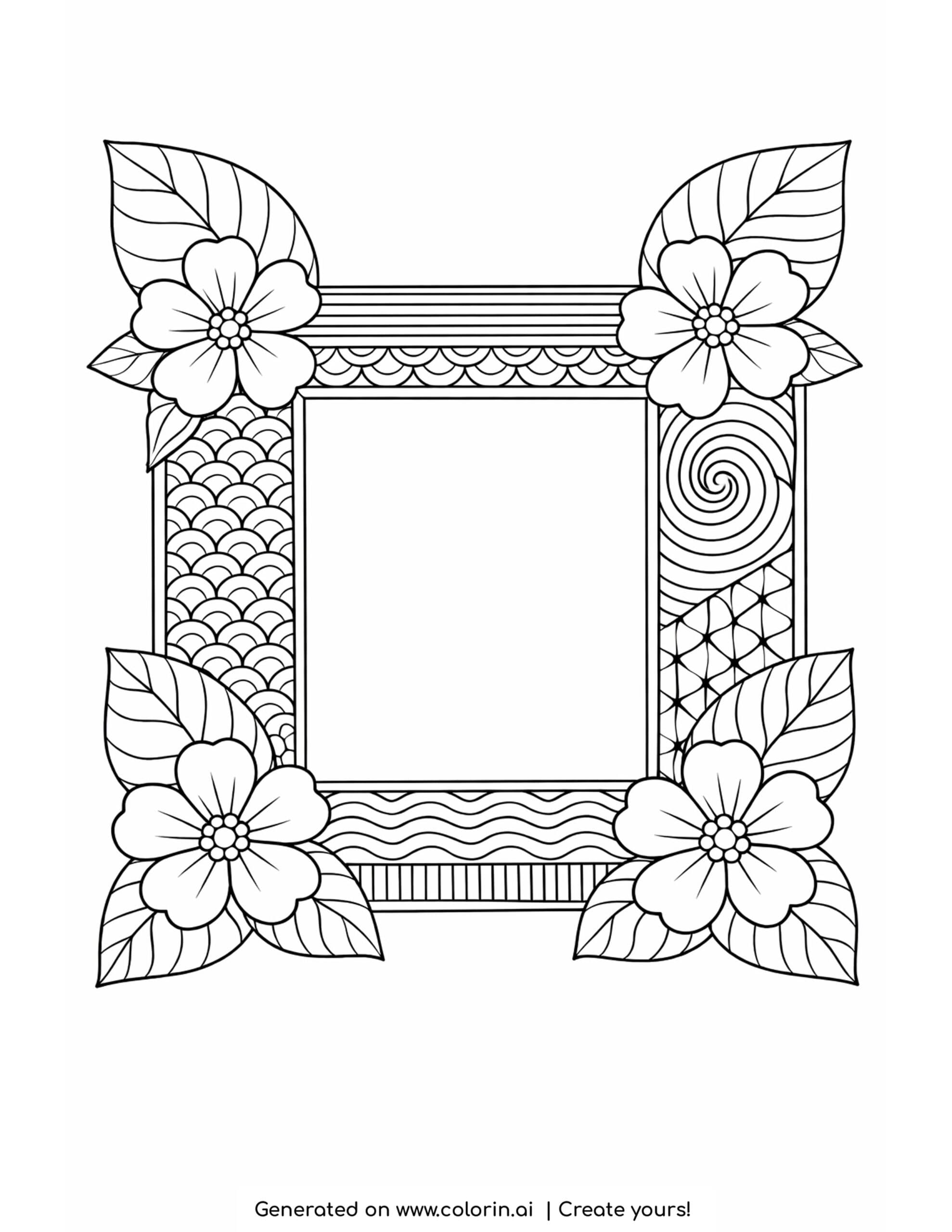 decorative floral frame with leaves and flowers coloring page