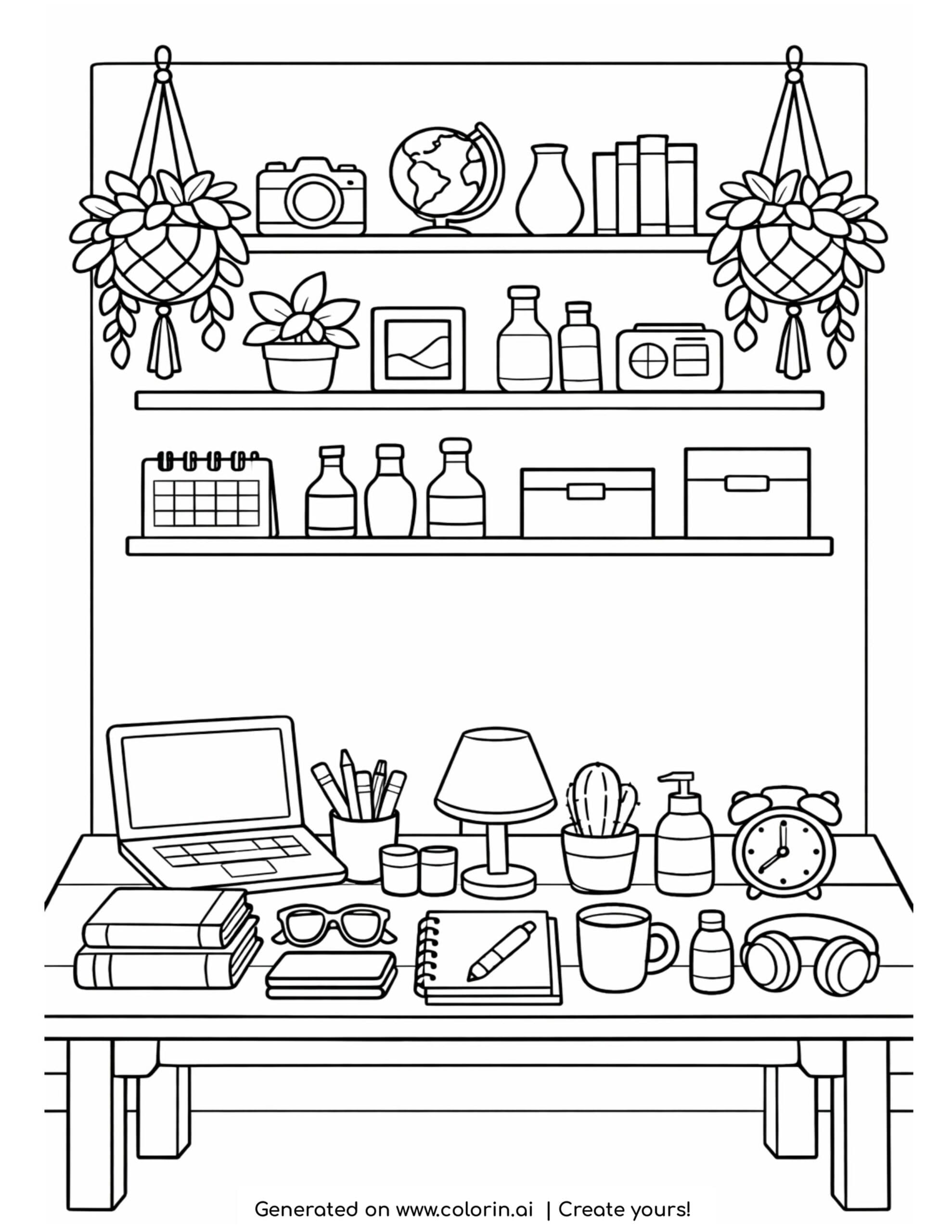 desk with shelves and decor items coloring page with books and plants