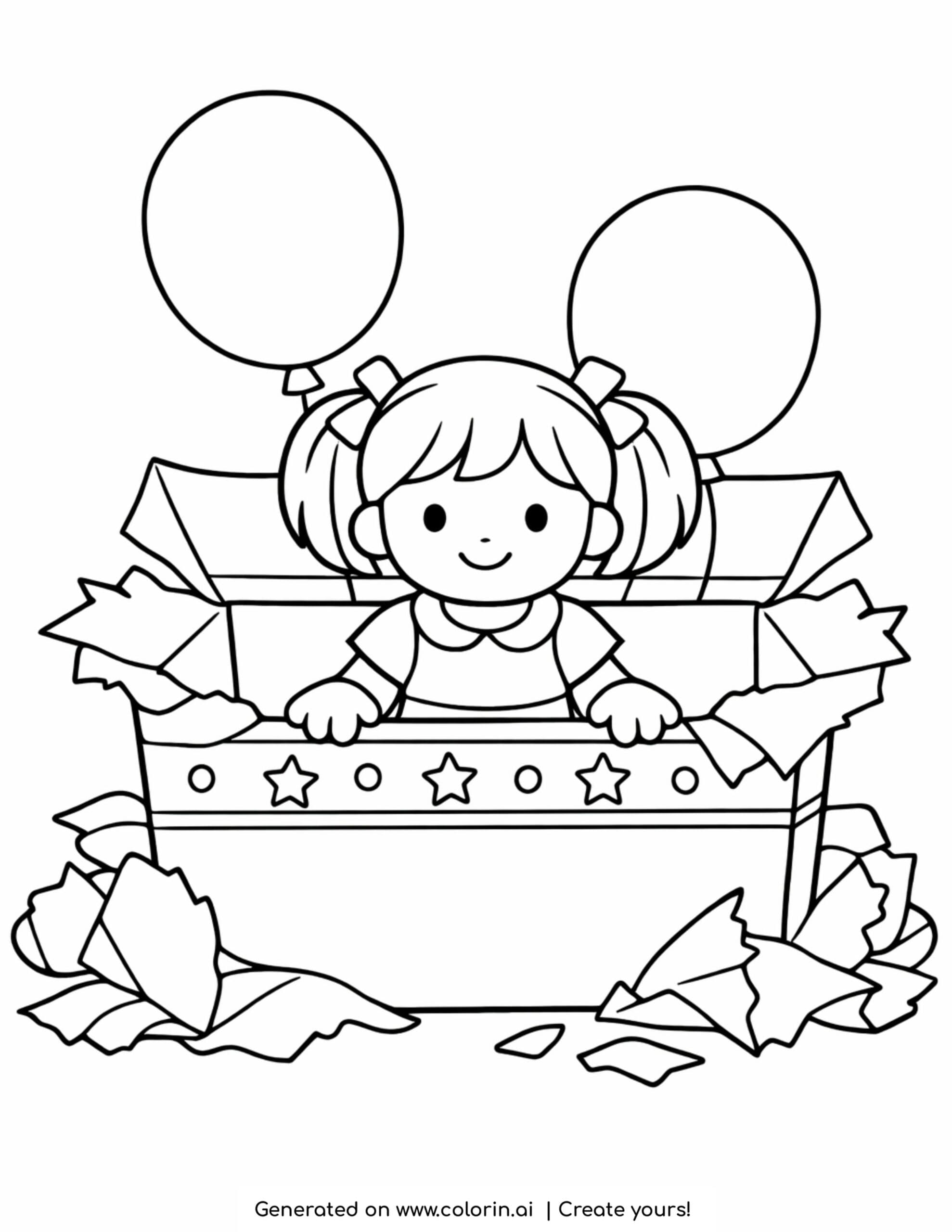 doll in gift box with balloons coloring page with torn wrapping paper and decorations