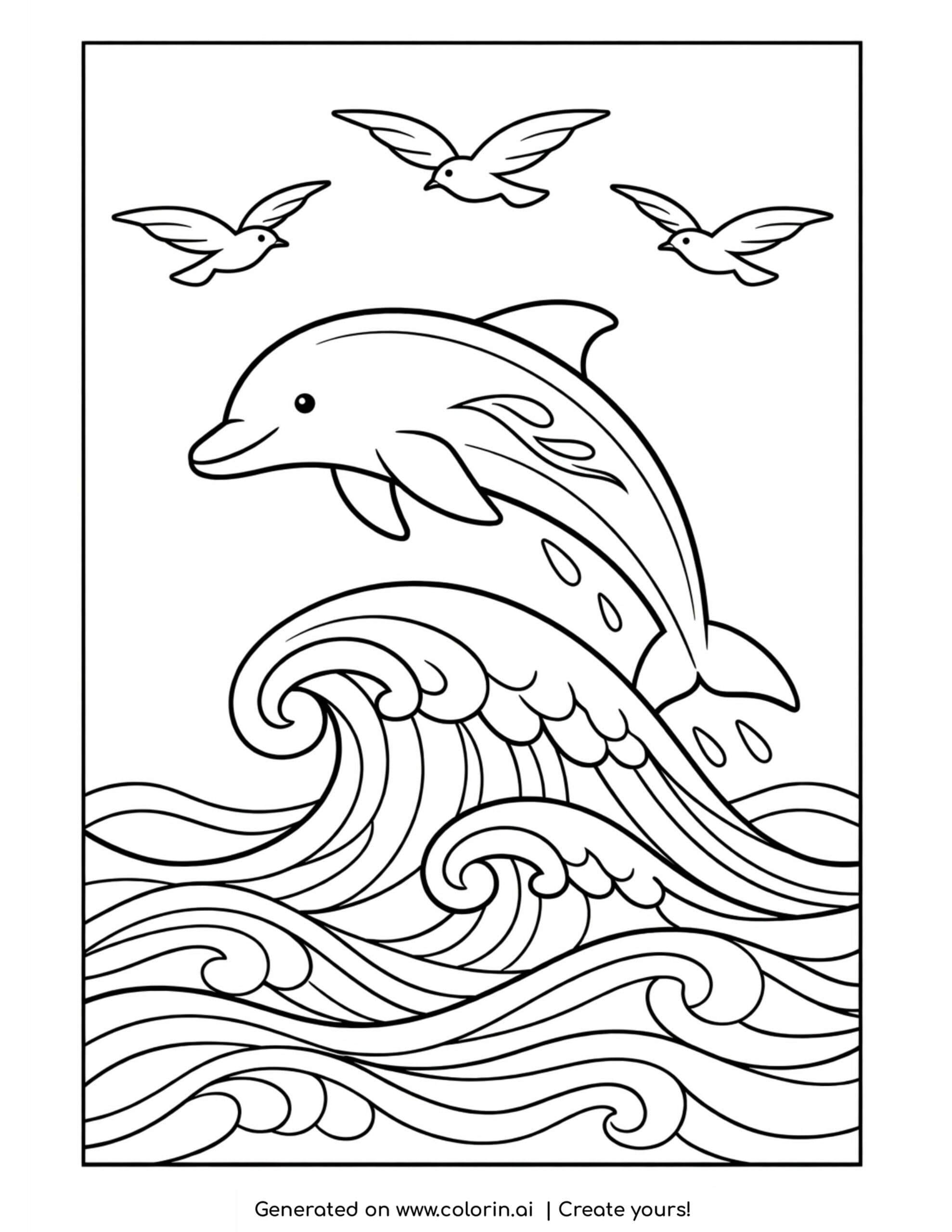 dolphin jumping over waves coloring page with seagulls and stylized ocean