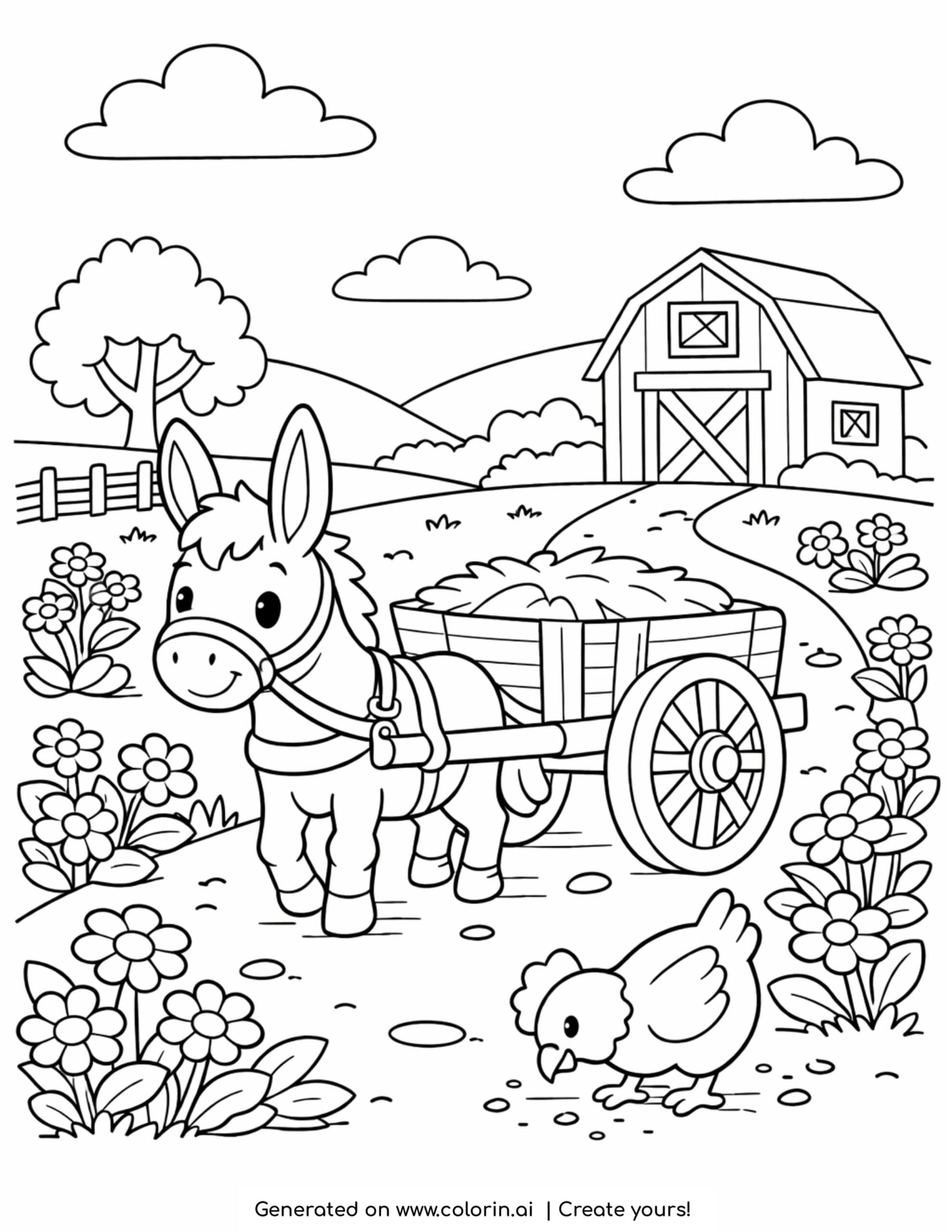 donkey pulling cart on flower path coloring page with barn and chicken