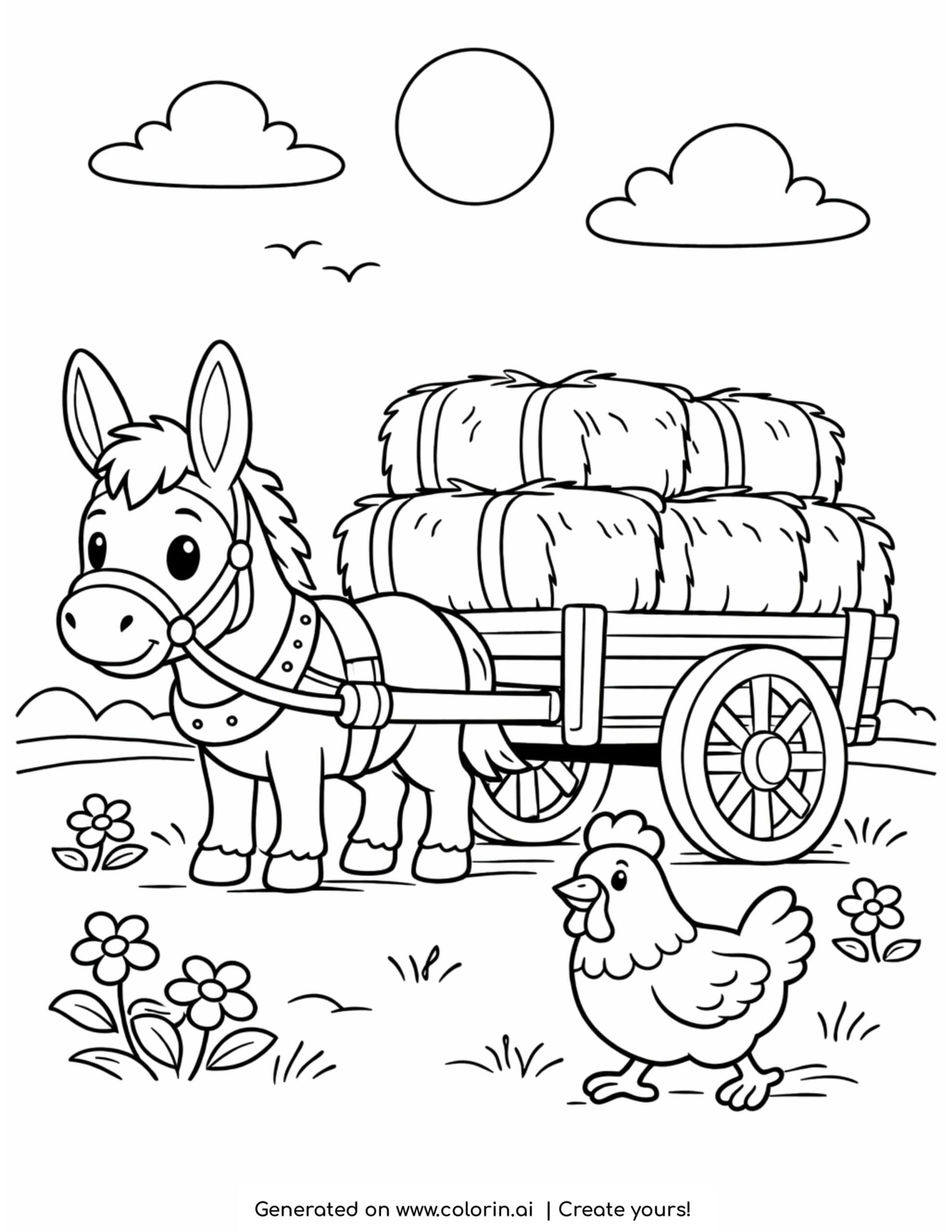 donkey pulling hay cart outdoors coloring page with chicken and farm scene