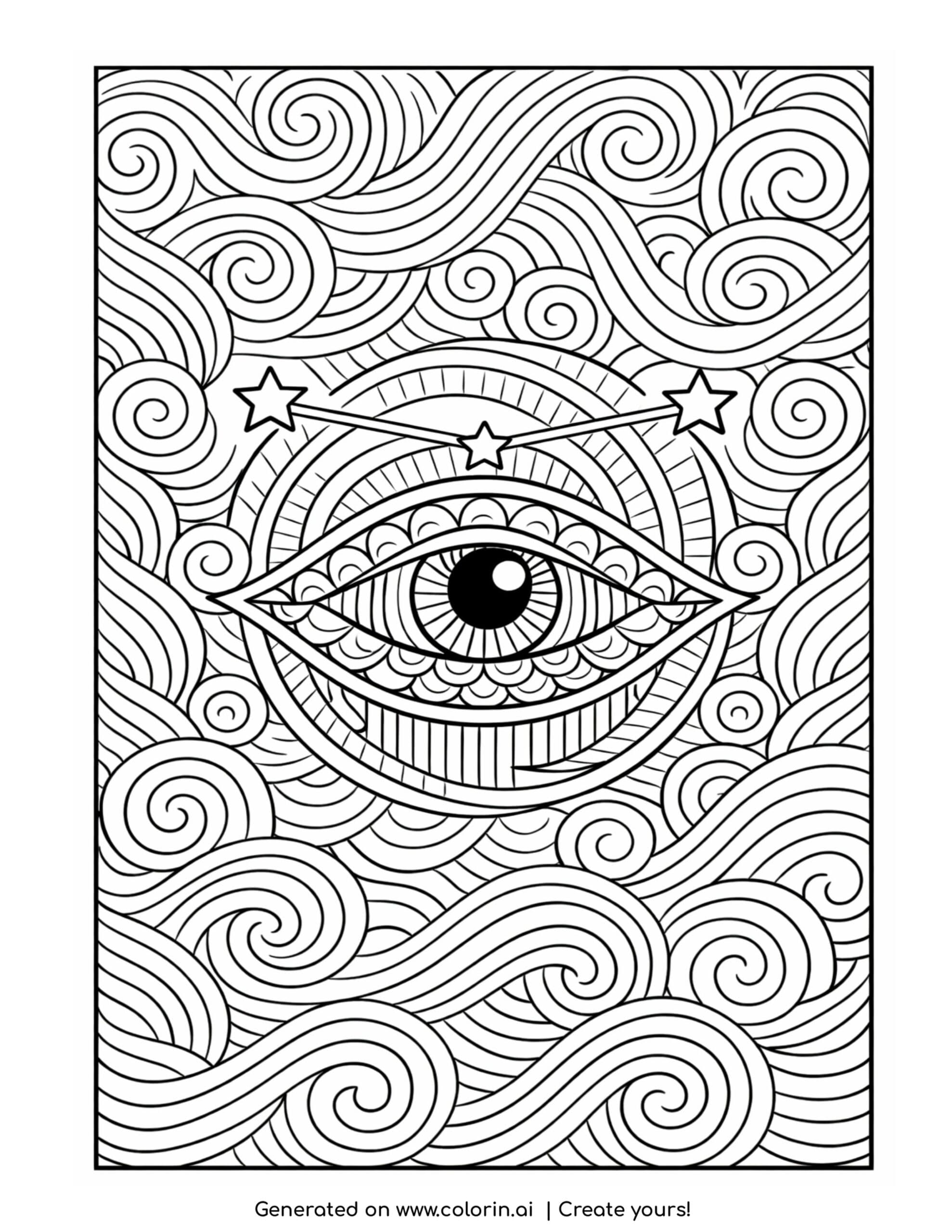 eye with constellation and swirling waves detailed pattern coloring page