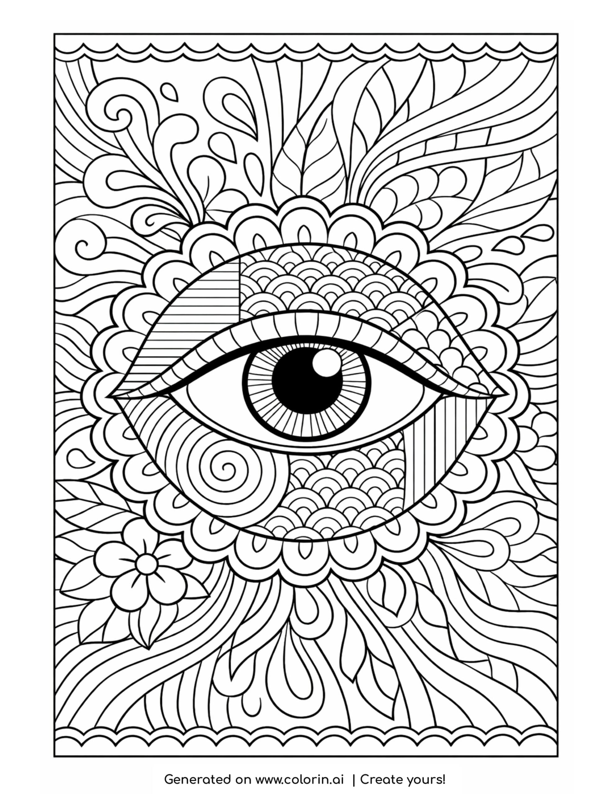 eye with organic patterns and waves detailed symmetrical design coloring page