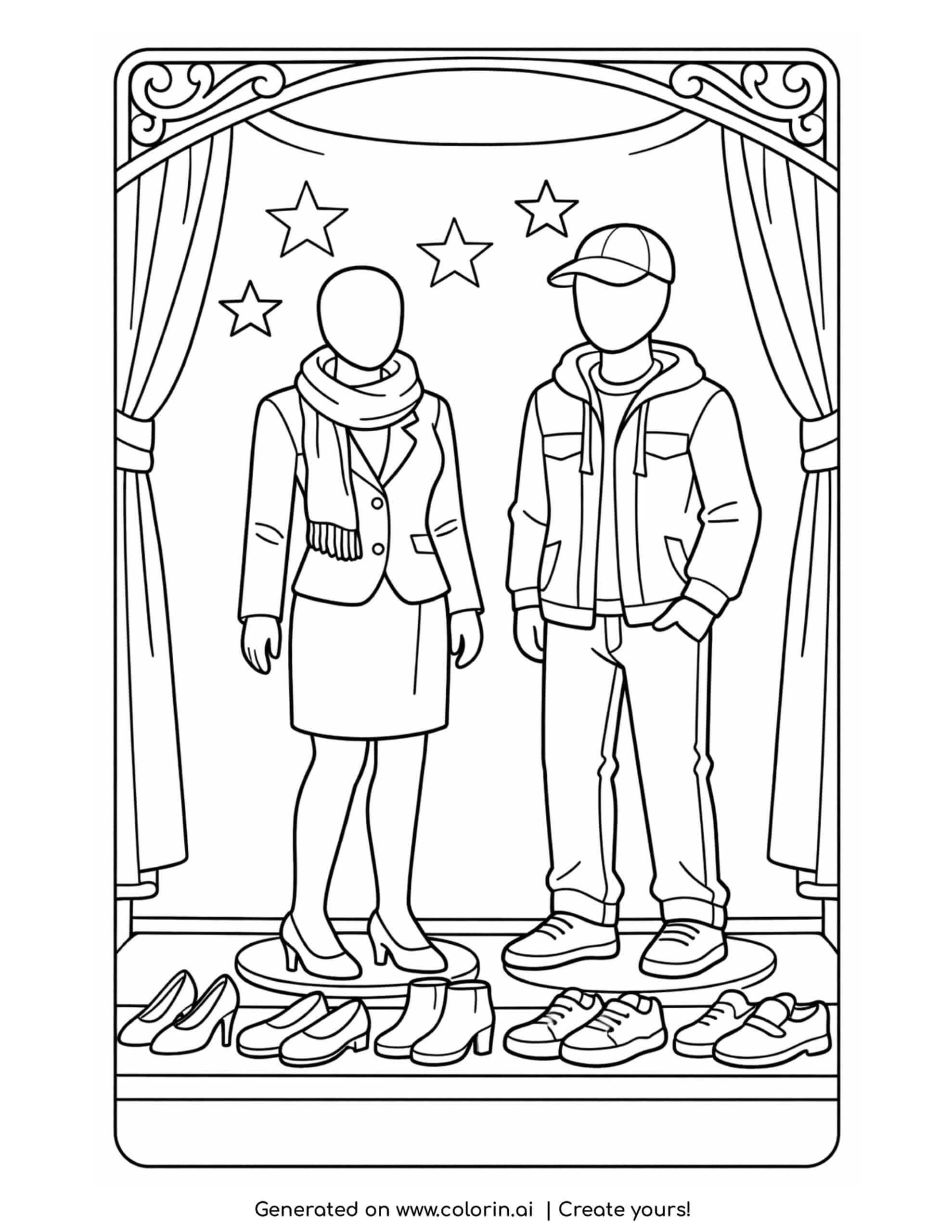 fashion mannequins with outfits in display window coloring page with shoes and curtains