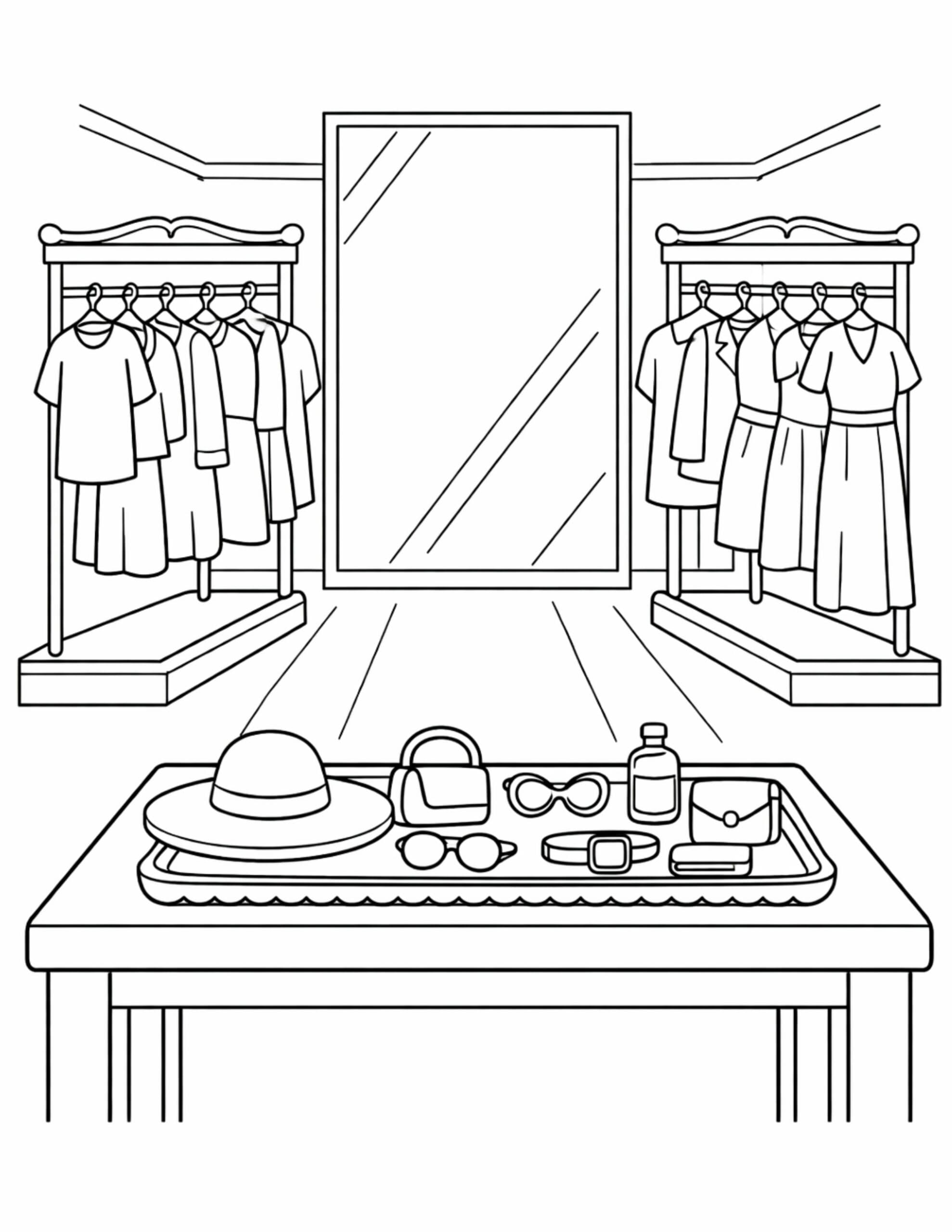 fashion store interior with mirror and display table coloring page with clothes racks and accessories