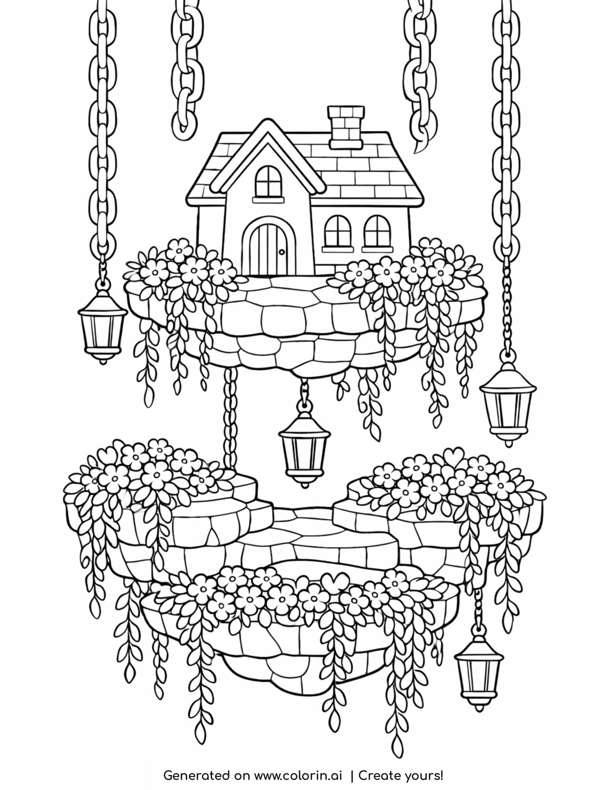 floating garden house with lanterns coloring page with hanging chains and floral platforms coloring page