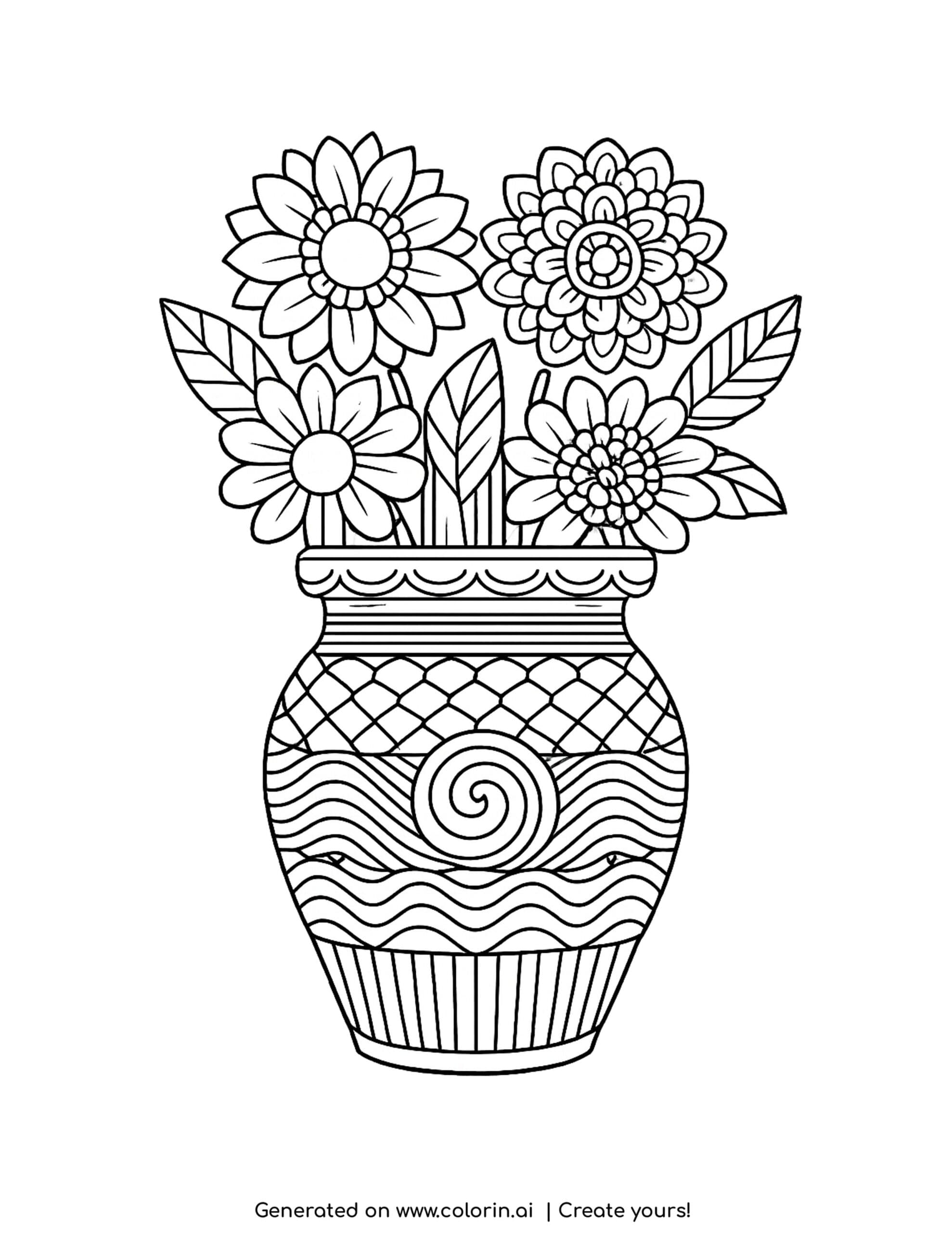 flower vase with patterned design and flowers coloring page