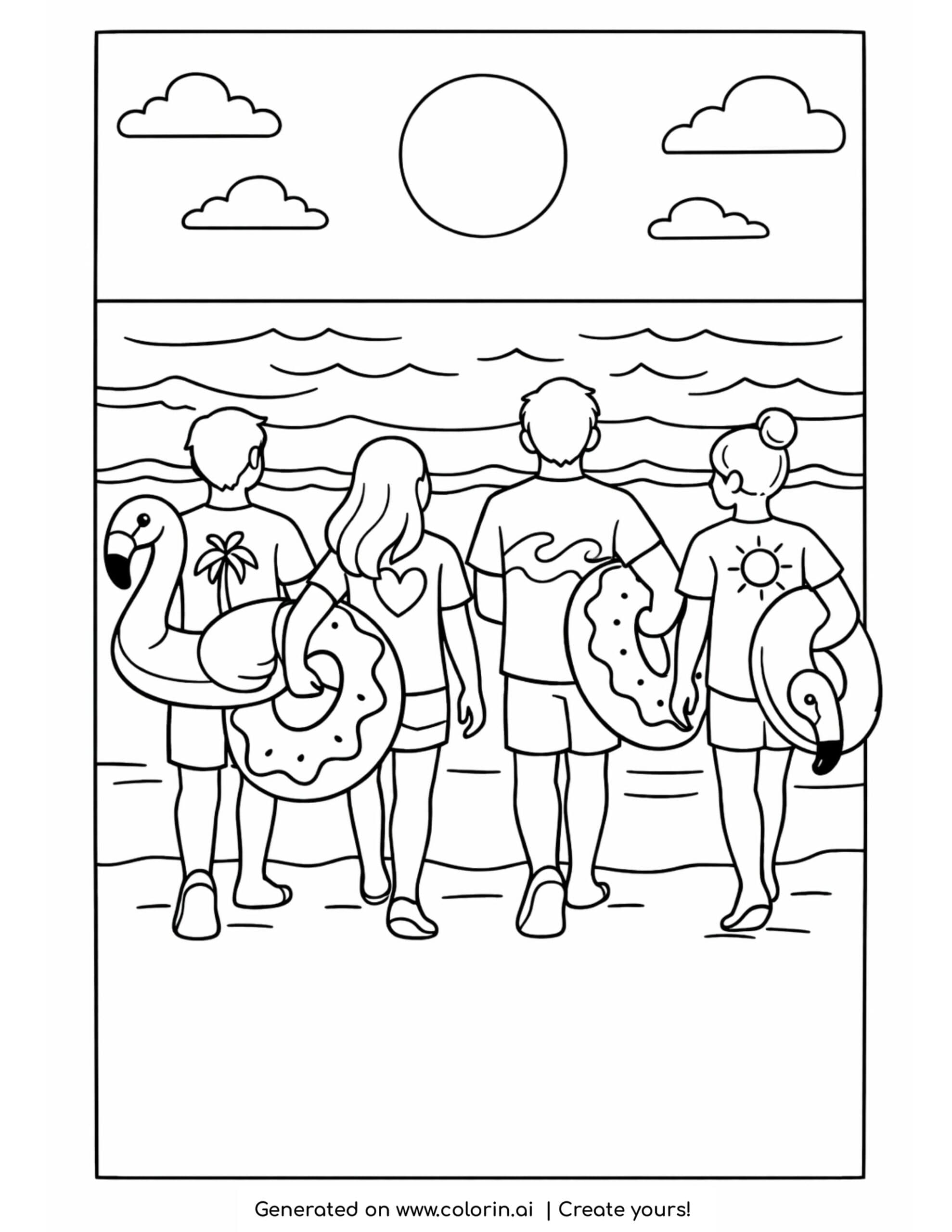 friends walking to the ocean coloring page with group at beach scene