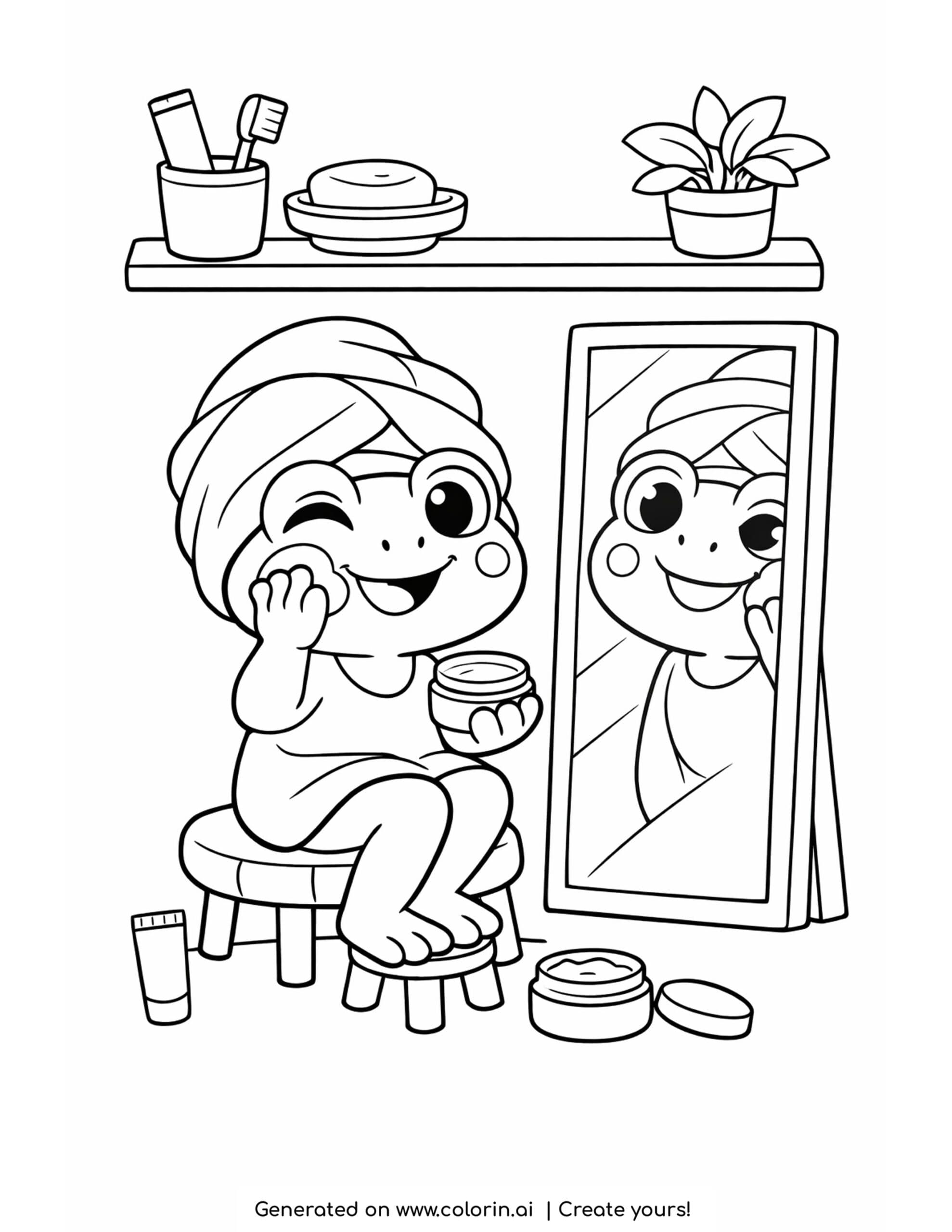 frog applying face cream in mirror coloring page with towel and bathroom items