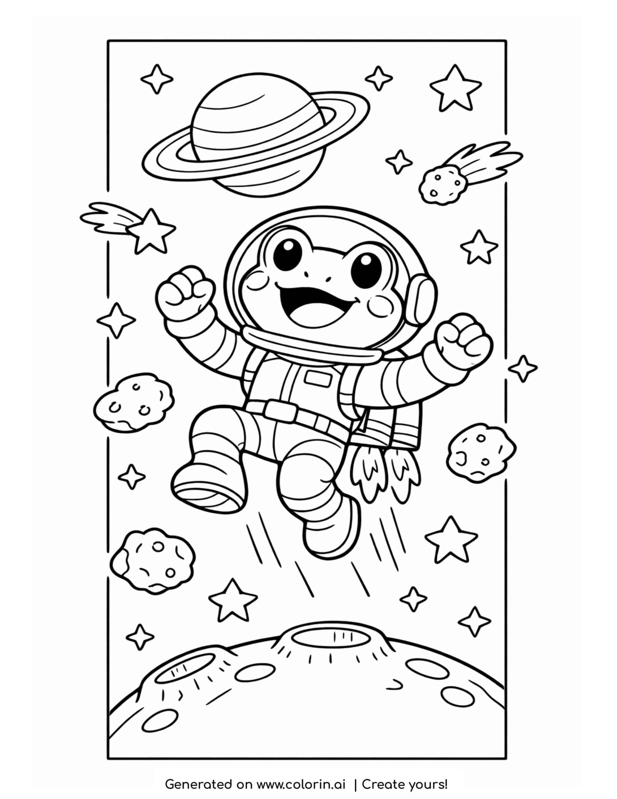 frog astronaut floating in space coloring page with stars planets and asteroids coloring page