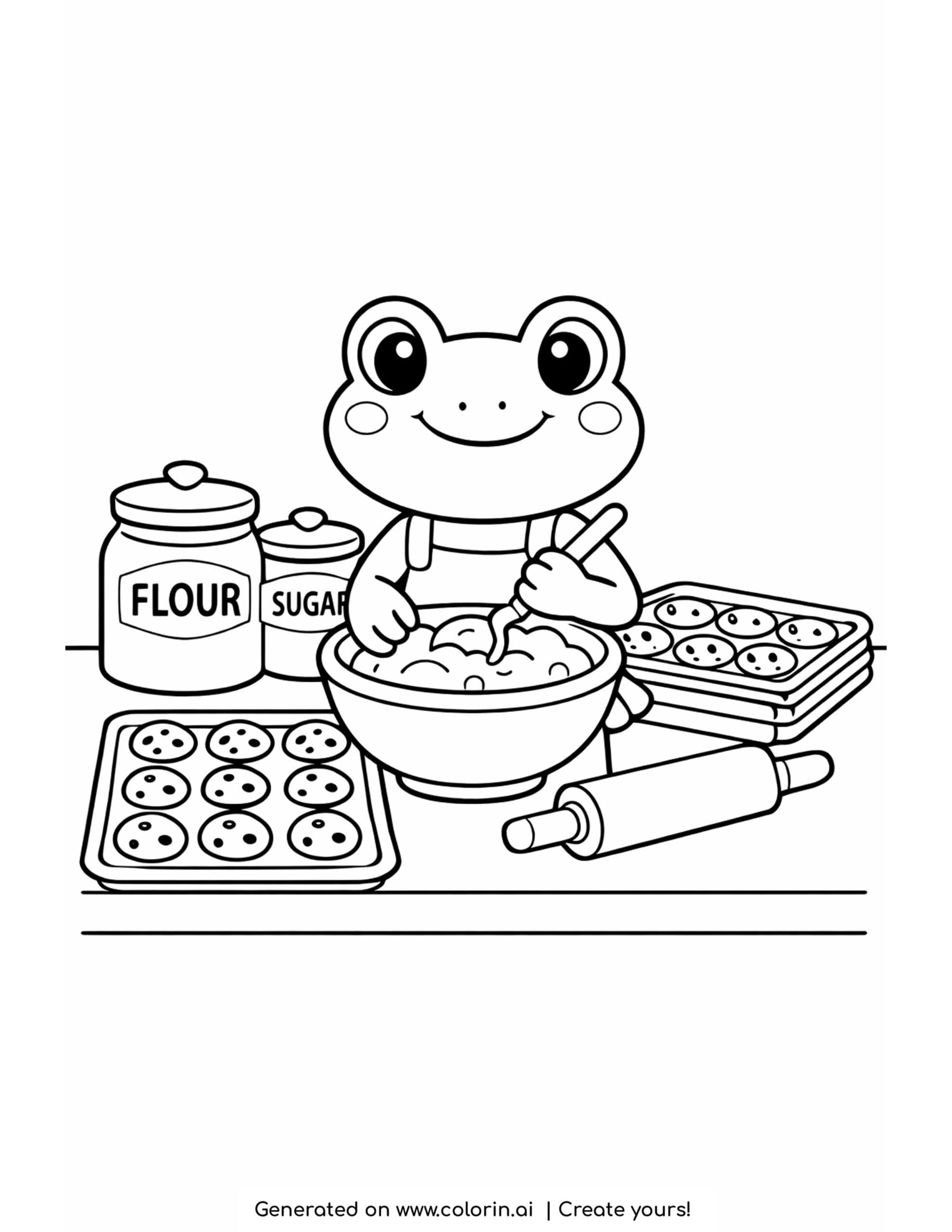 frog baking cookies on a kitchen counter coloring page with bowl and cookie trays
