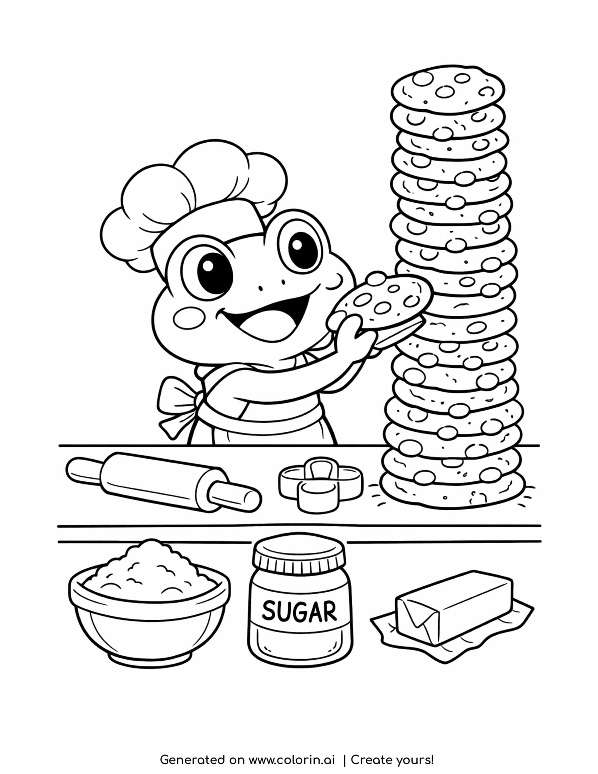 frog baking cookies on counter coloring page with tall cookie stack and baking ingredients coloring page