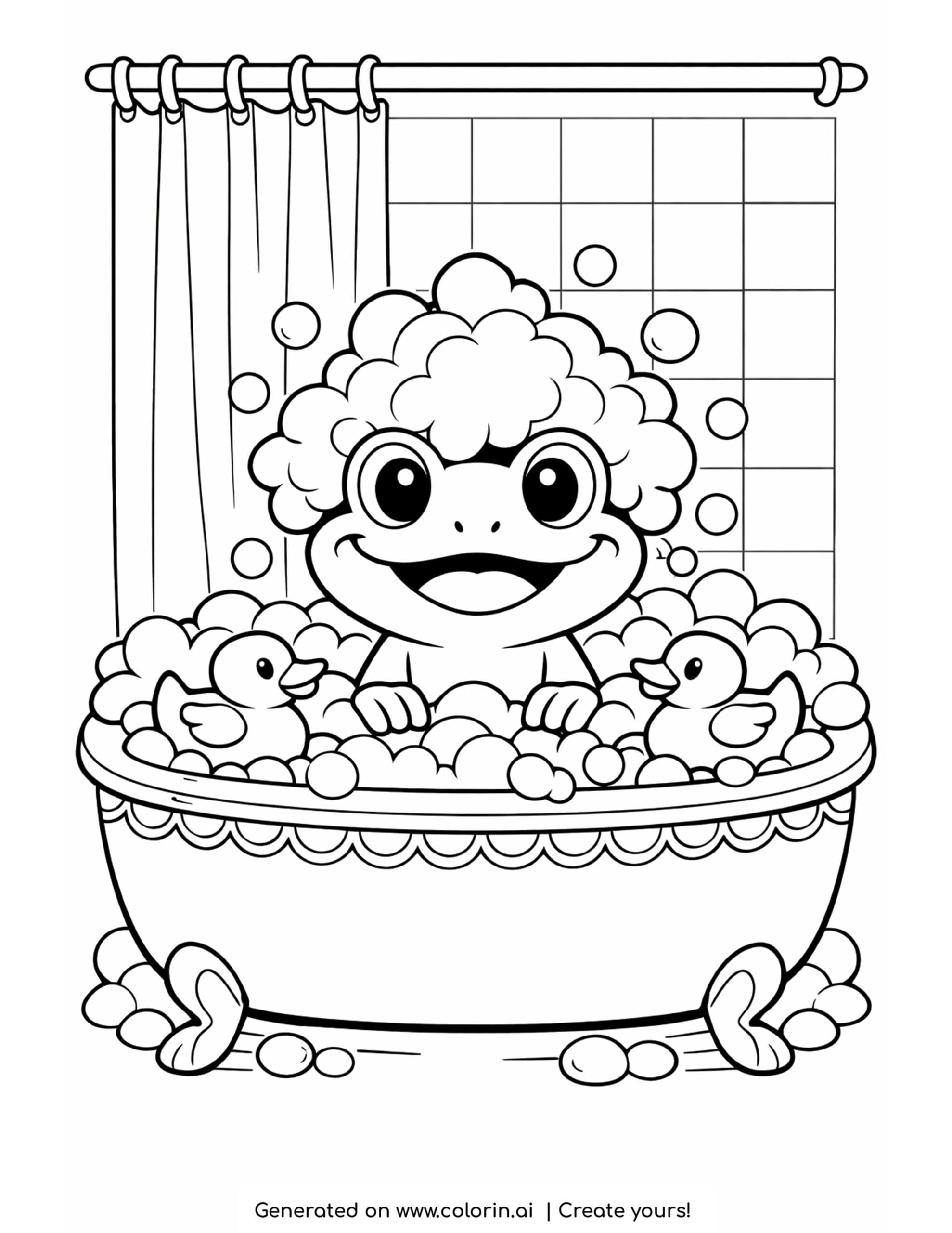 frog bathing in bubble bathtub with ducks coloring page with foam and bubbles