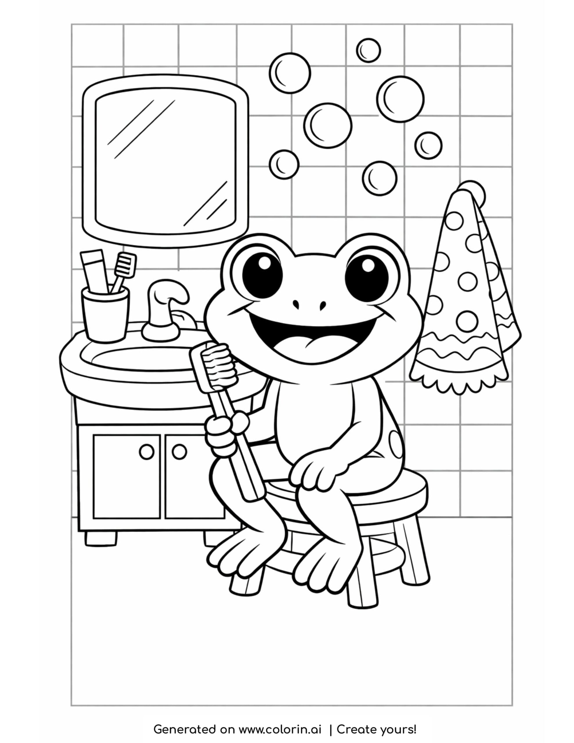 frog brushing teeth in bathroom coloring page with bubbles and sink