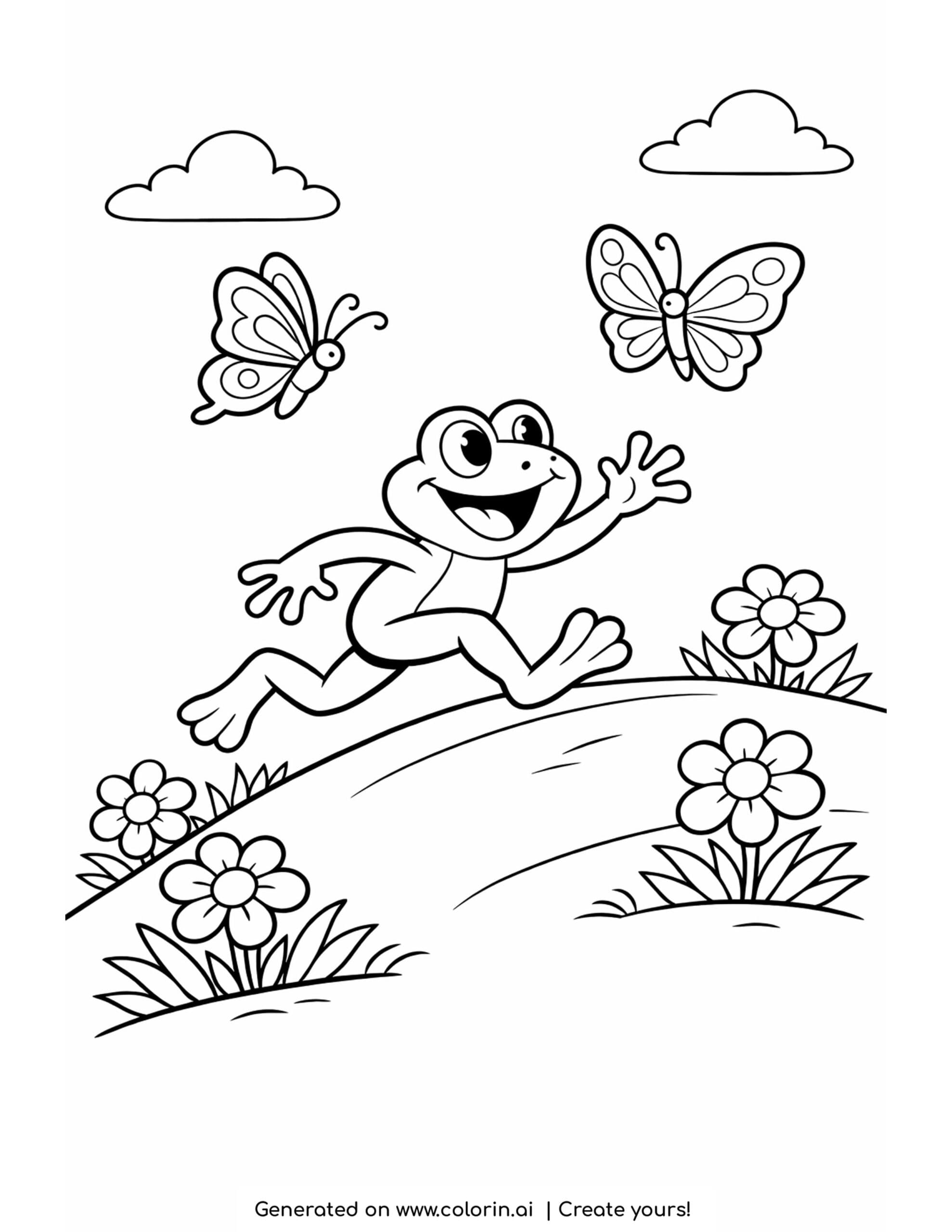 frog chasing butterflies on hill coloring page with flowers and clouds