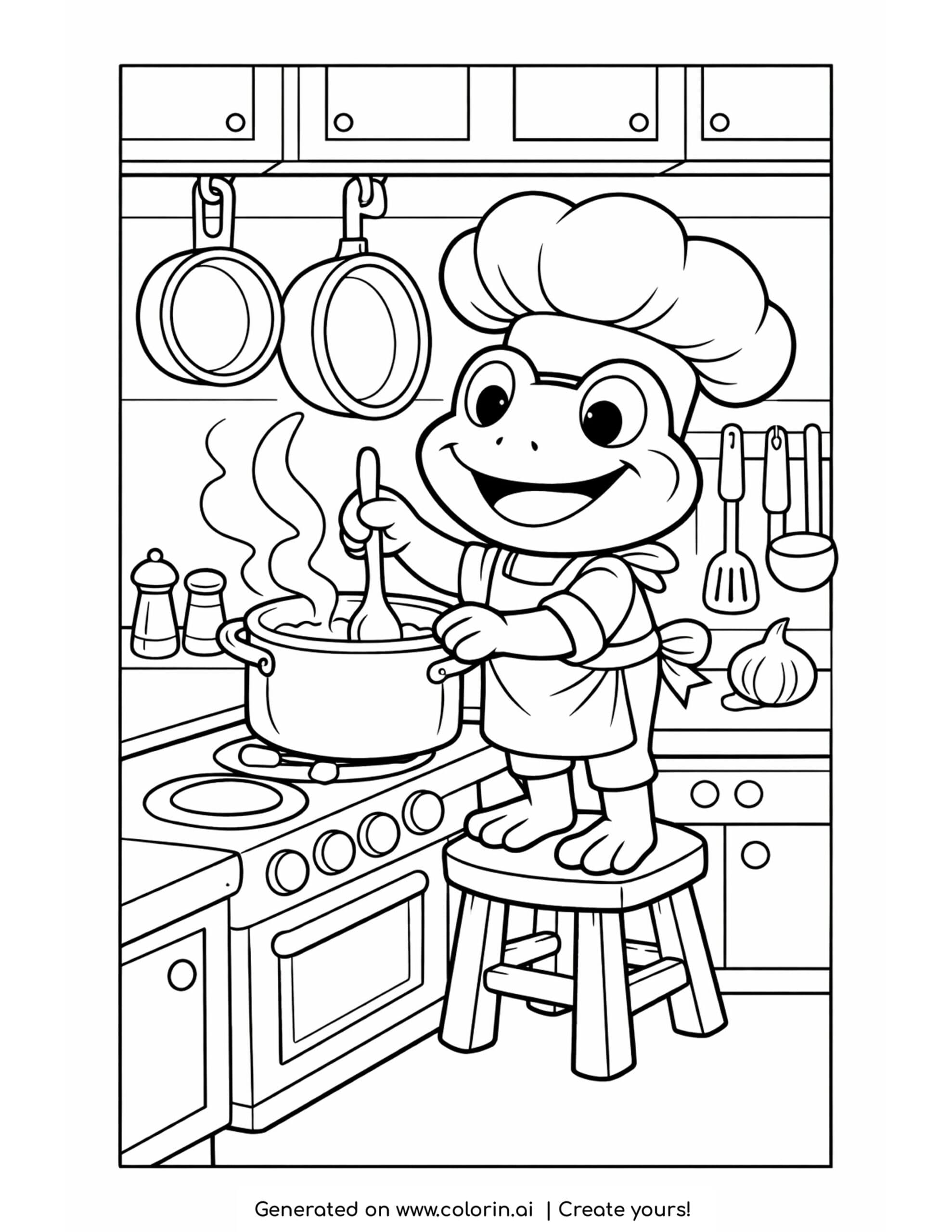 frog chef cooking in kitchen coloring page with pot and steam