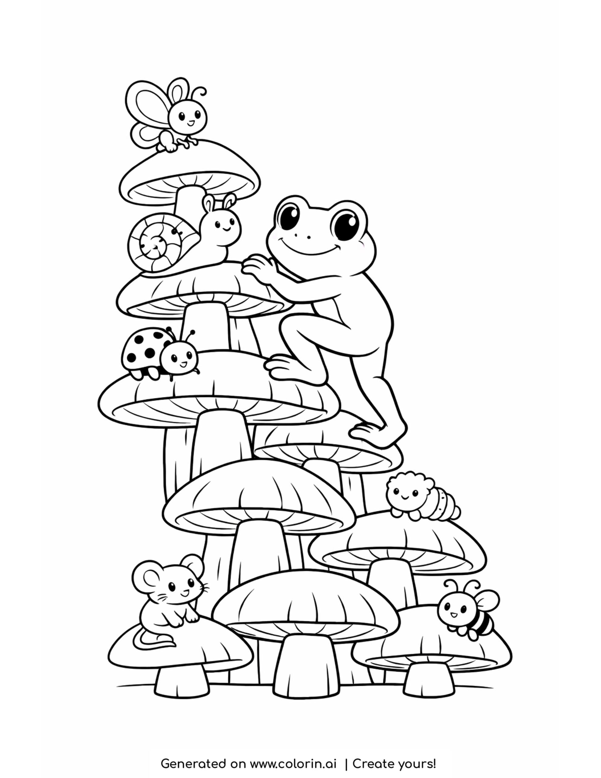 frog climbing stacked mushrooms coloring page with snail and small creatures