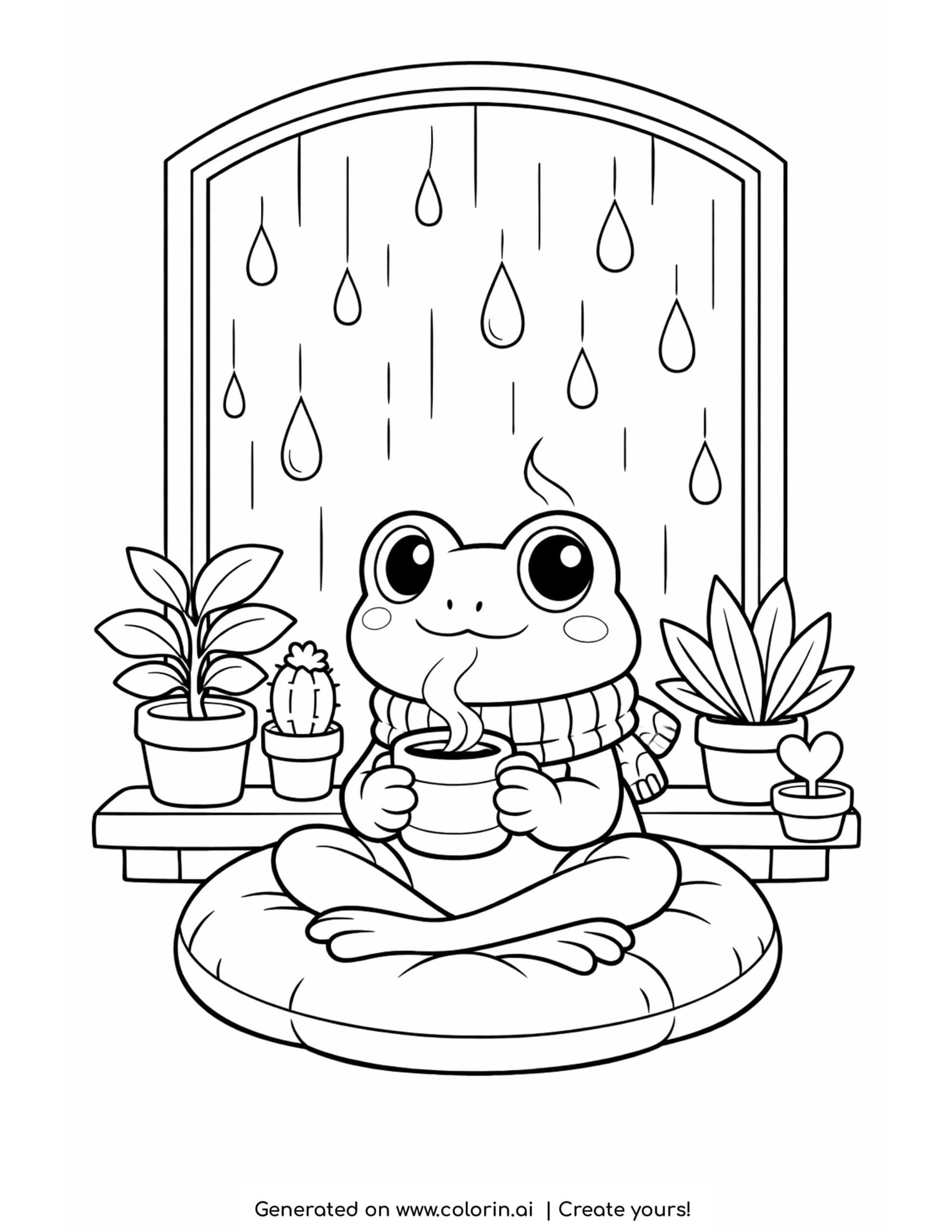 frog drinking tea by window coloring page with rain and plants