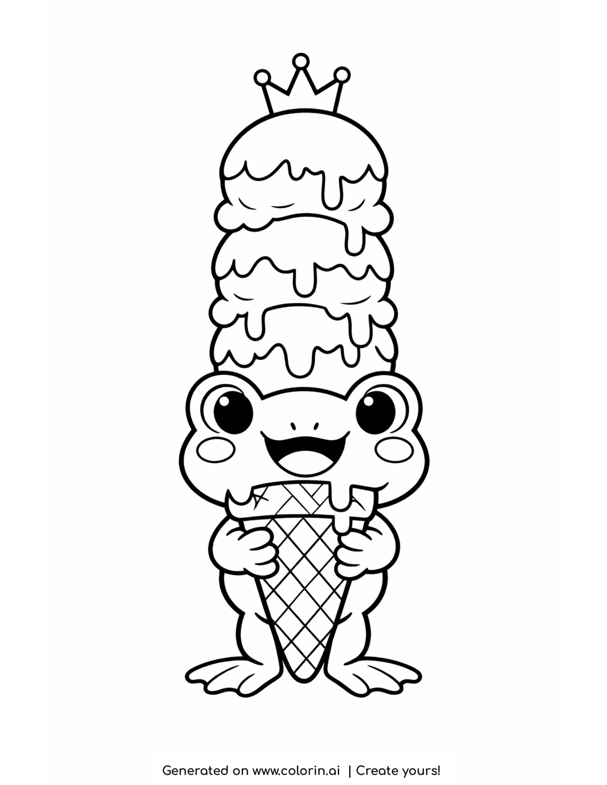frog holding ice cream cone coloring page with melting scoops and small crown coloring page